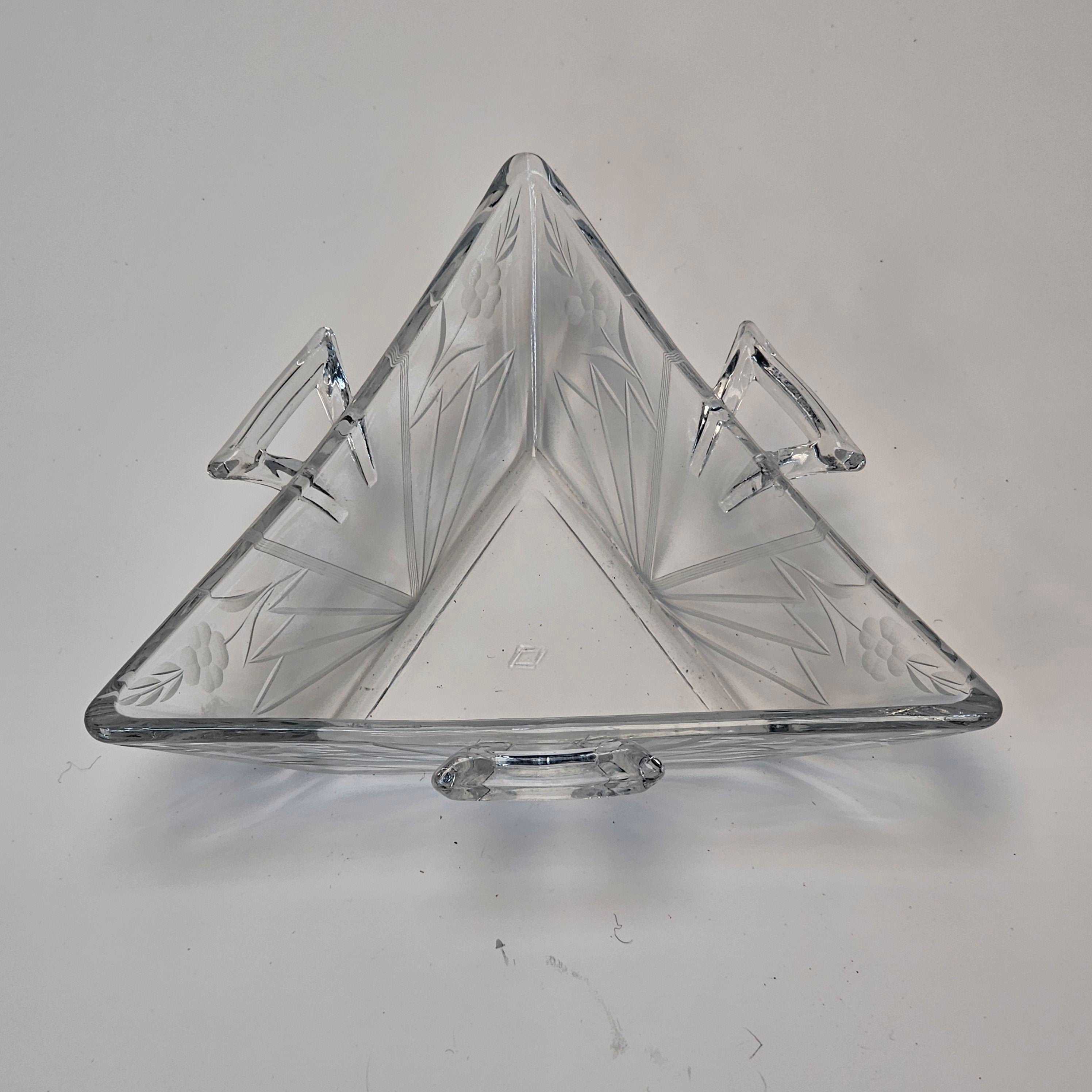 Heisey Etched Floral Clear Mint Dish Tri Handled Triangle Glass Bon Bon No Lid