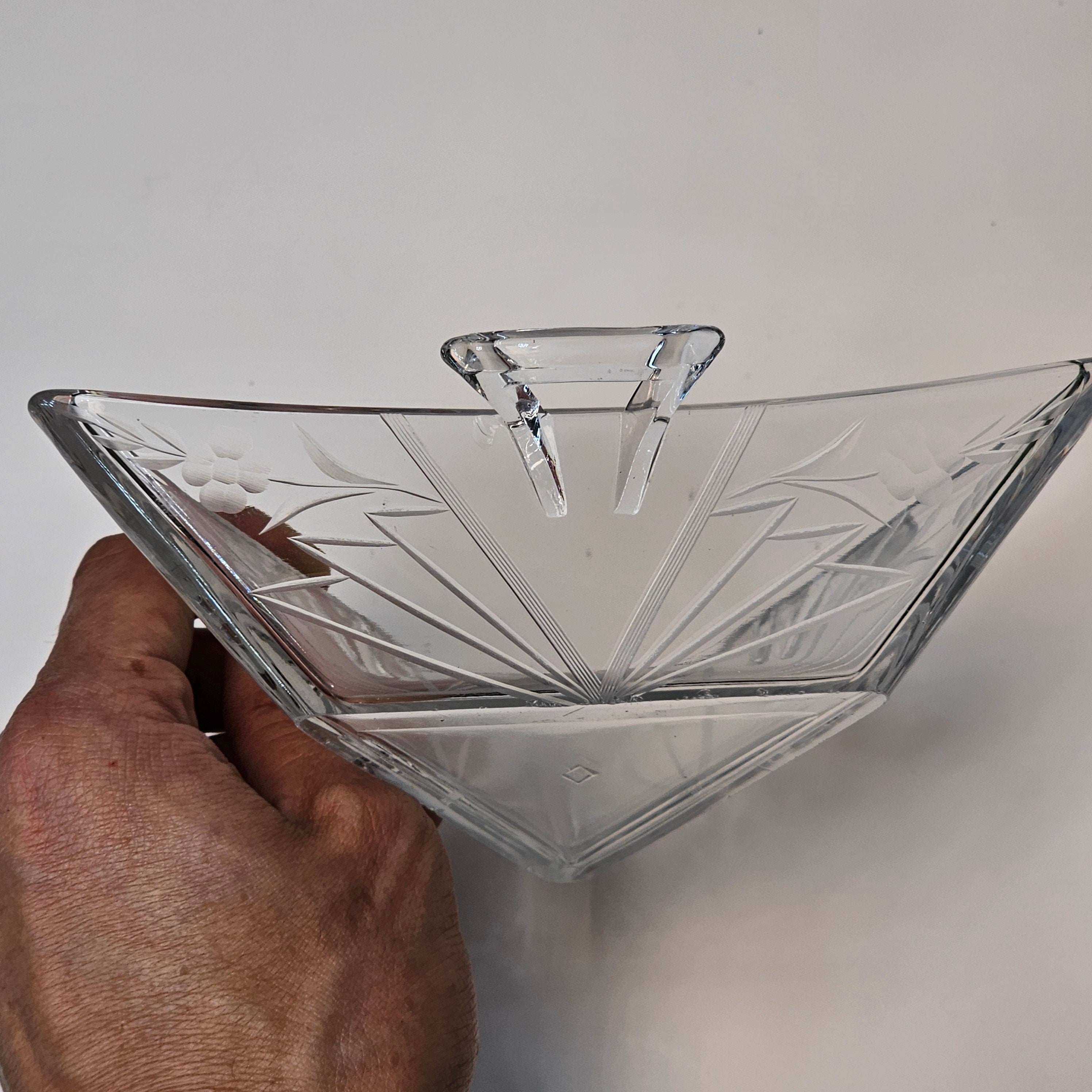 Heisey Etched Floral Clear Mint Dish Tri Handled Triangle Glass Bon Bon No Lid