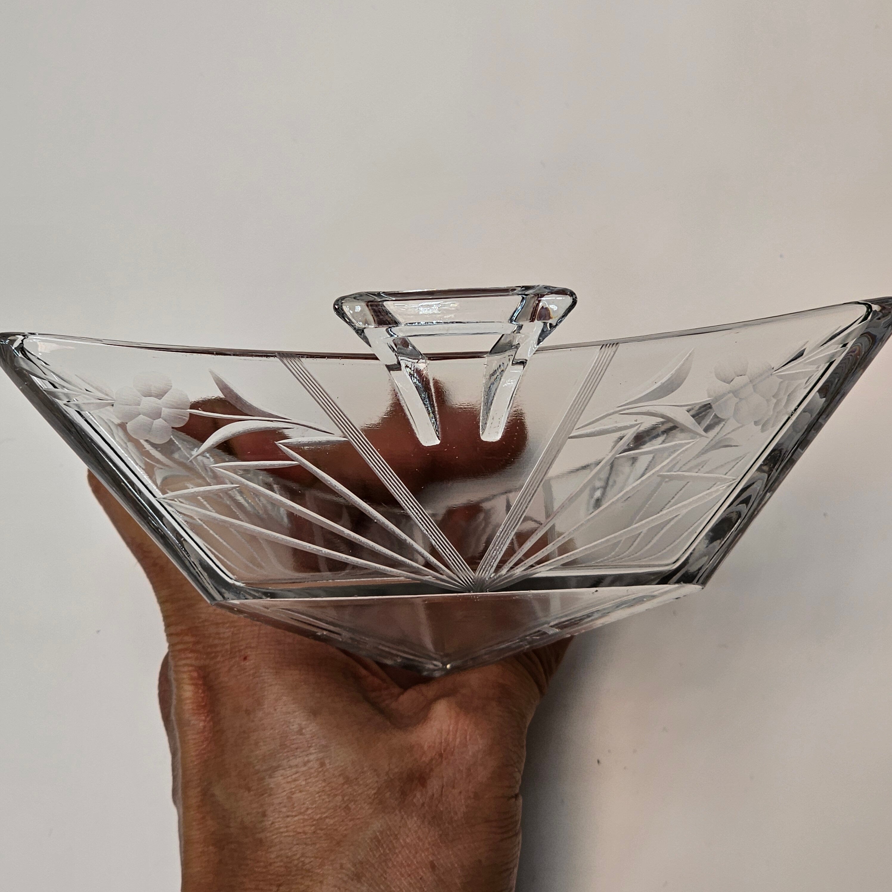 Heisey Etched Floral Clear Mint Dish Tri Handled Triangle Glass Bon Bon No Lid