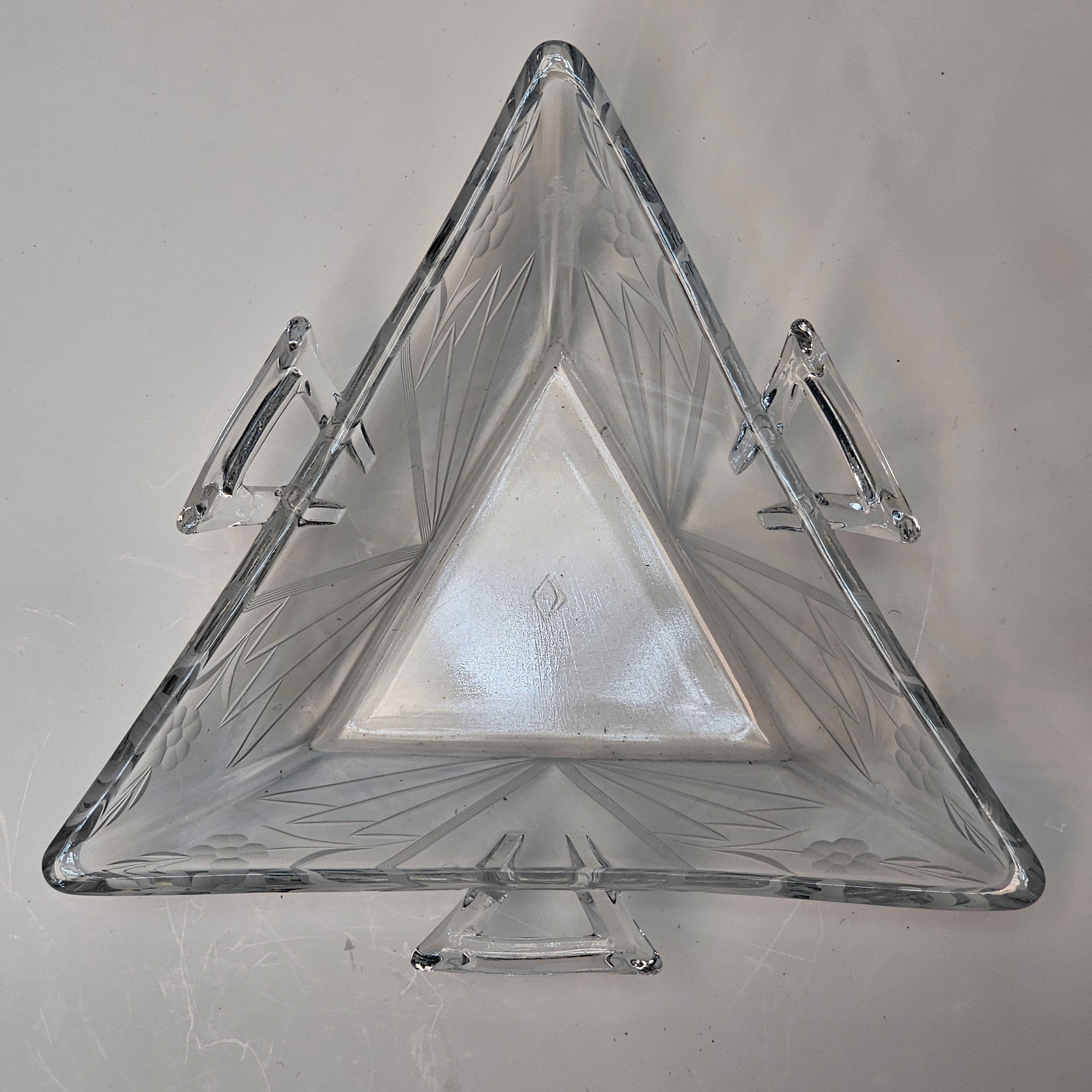 Heisey Etched Floral Clear Mint Dish Tri Handled Triangle Glass Bon Bon No Lid