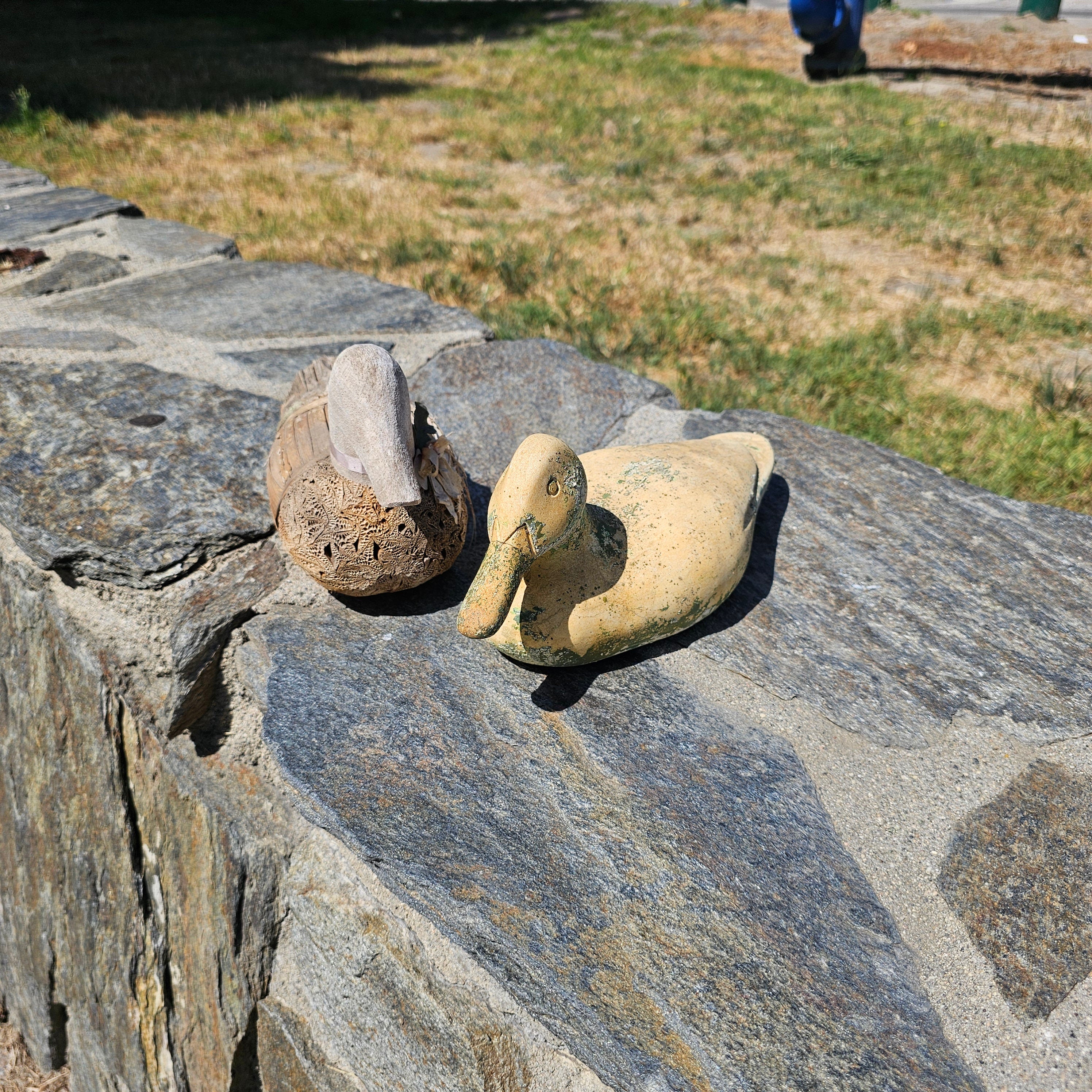 Set of 2 Wood, Corn Husk Duck 11" And Ceramic Duck 11" Garden Decor