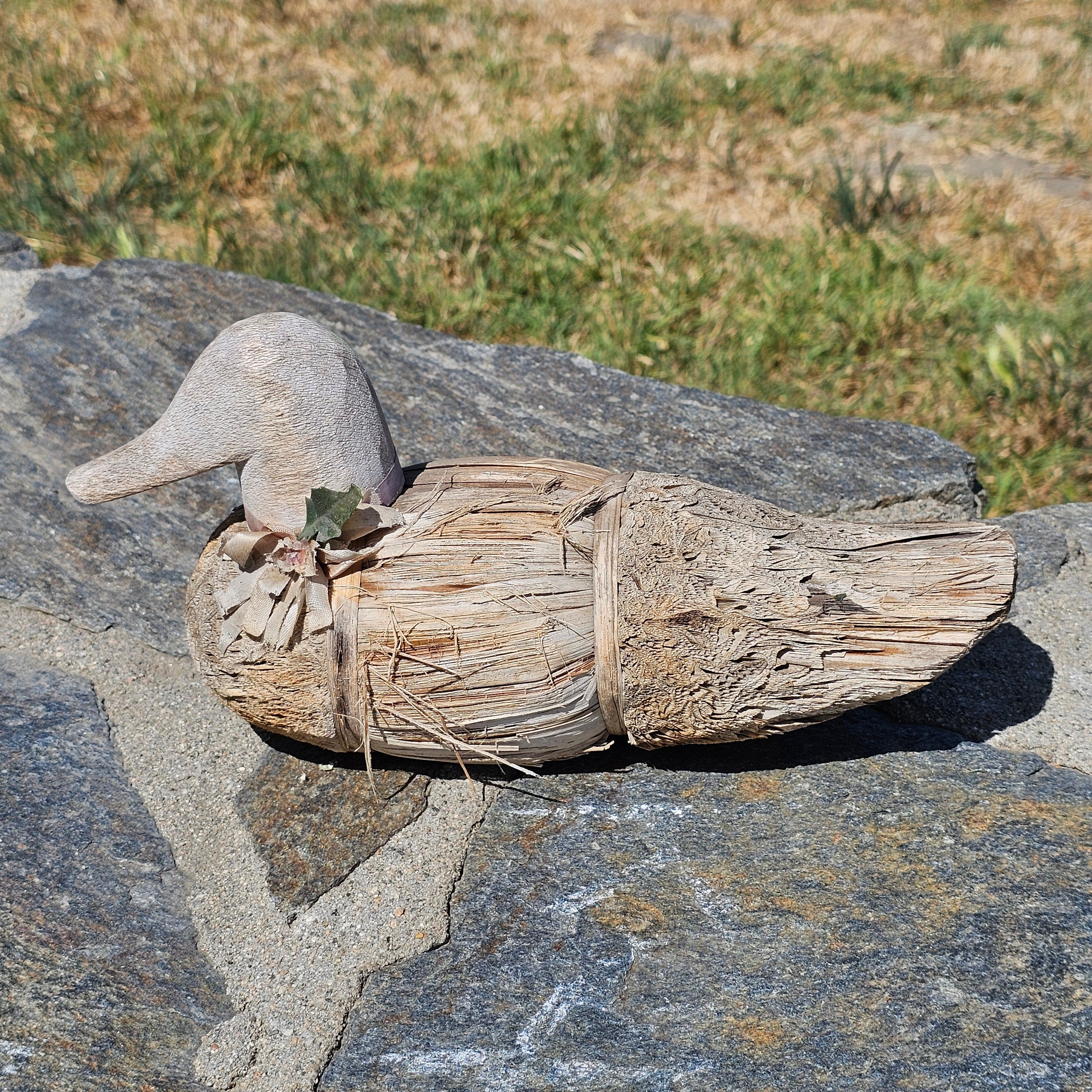 Set of 2 Wood, Corn Husk Duck 11" And Ceramic Duck 11" Garden Decor