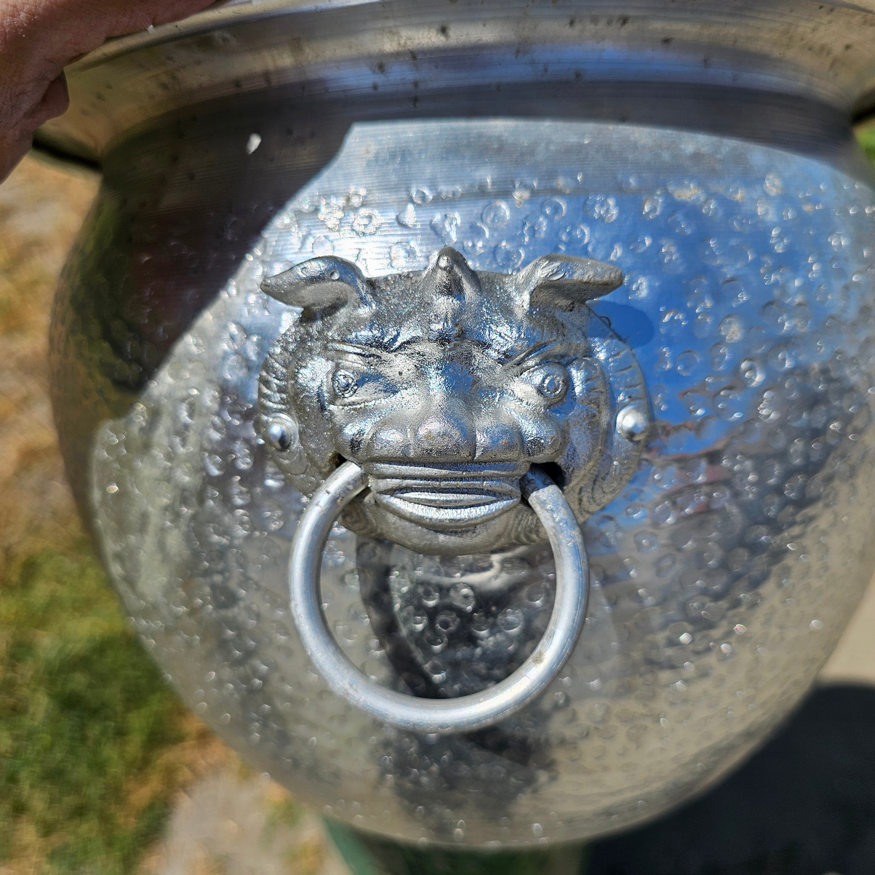 Hammered Aluminum Flower Pot Bucket With Foo Dog Handles 12.5" Dia x 9" H