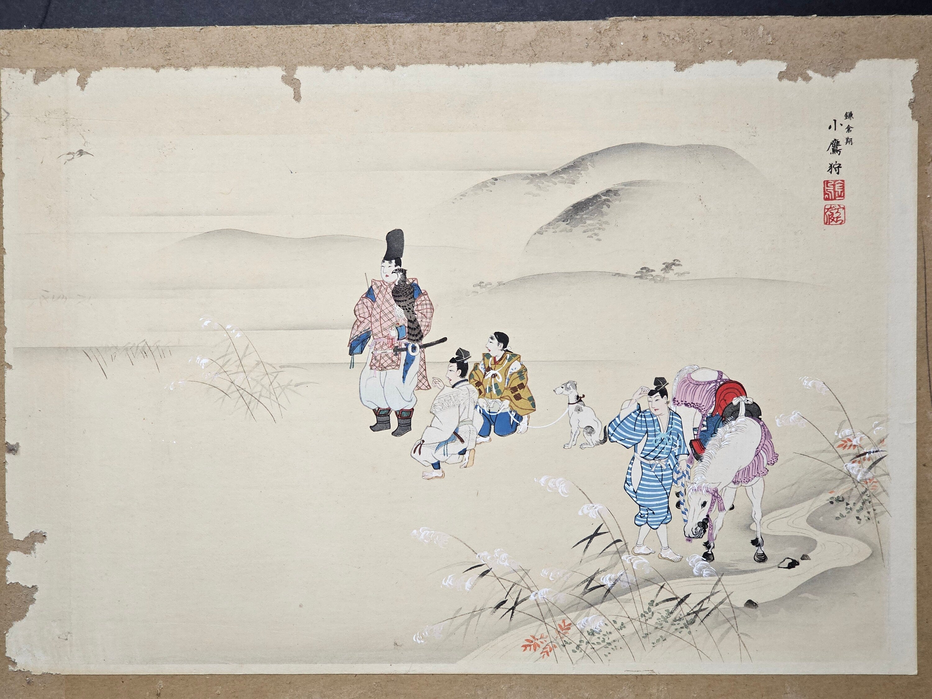 Japanese Woodblock Ukiyo-e "Small Falcon Hunting, Kamakura Period"