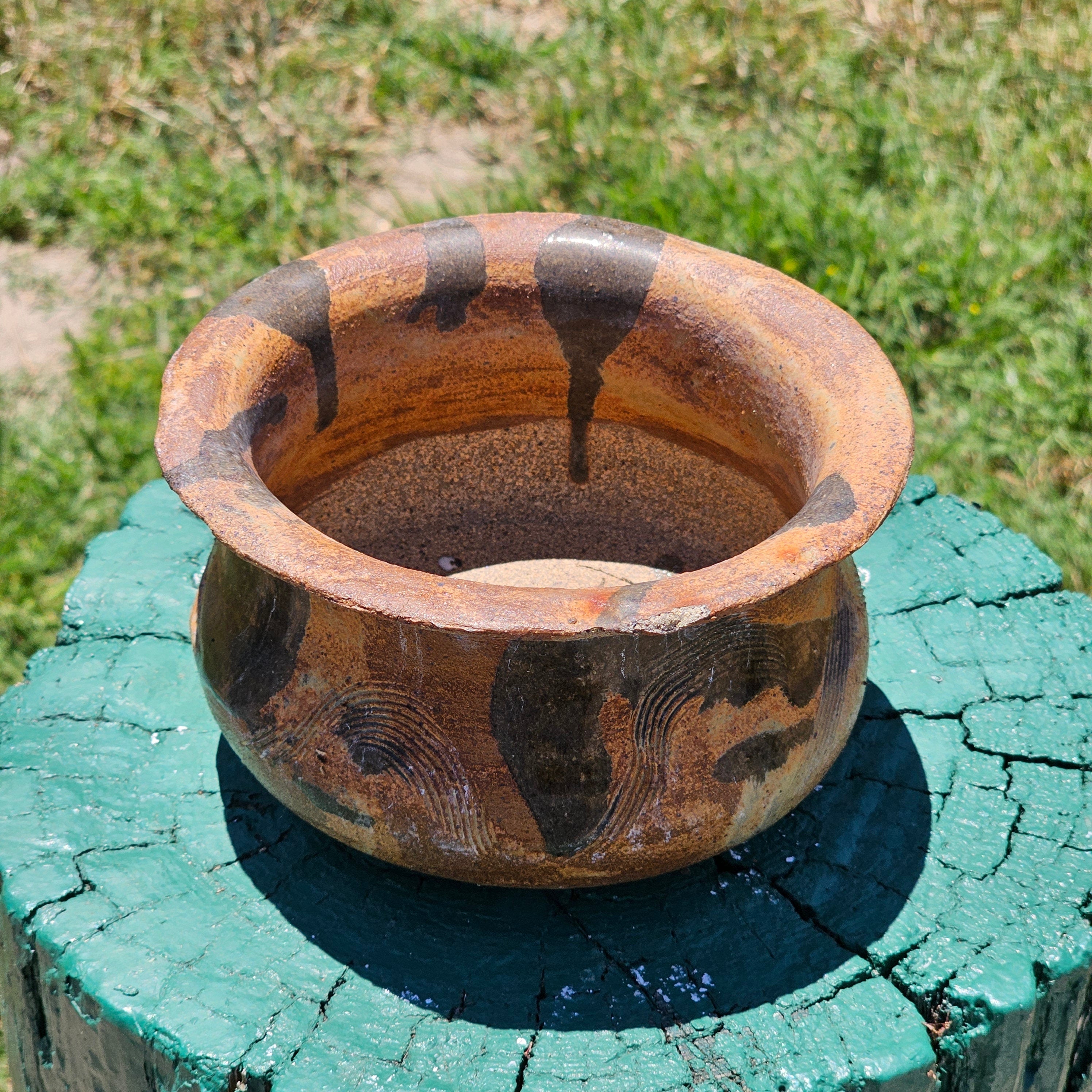 Studio Pottery Planter Earthy Tones Signed 6.5" Dia x 3.75" H