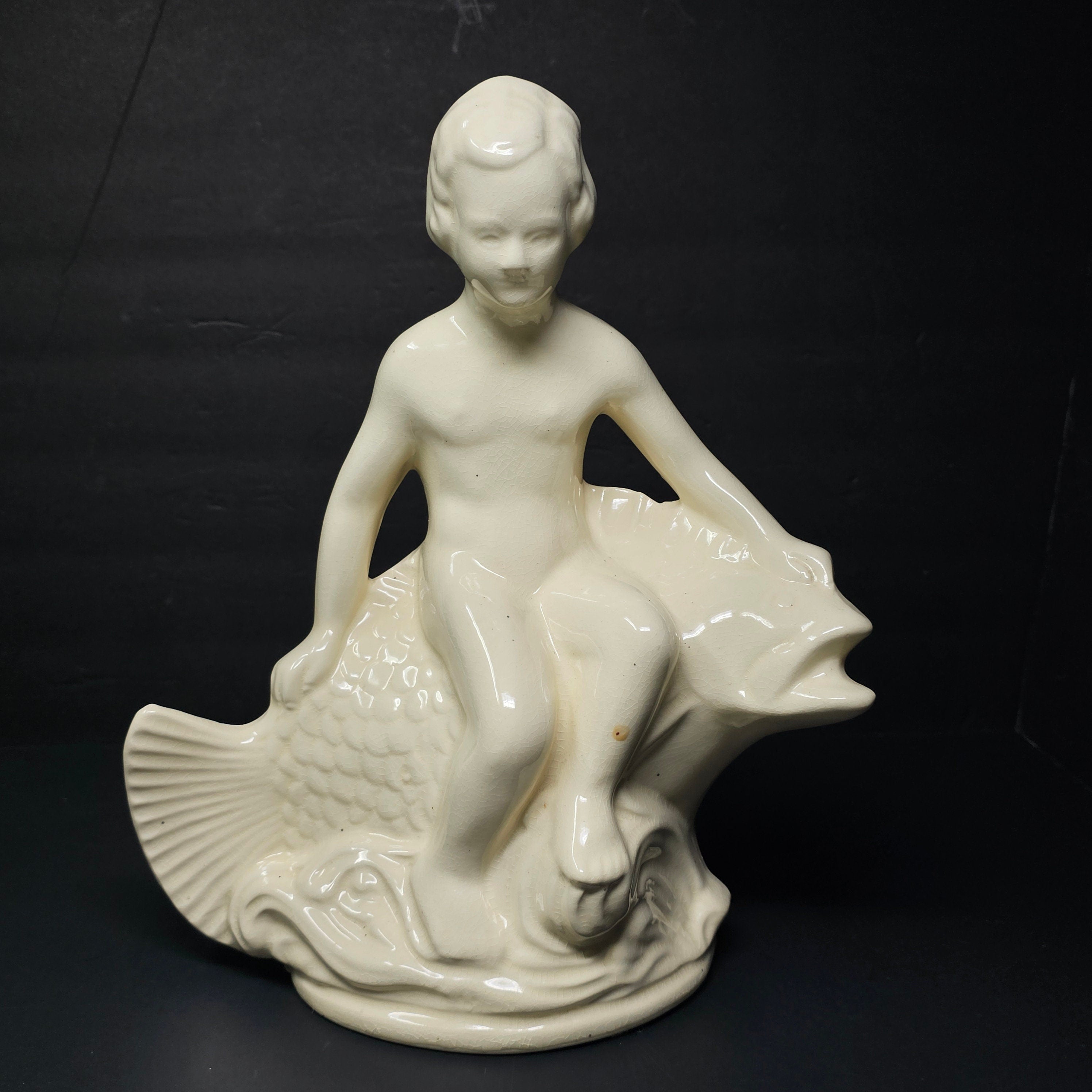 Pottery Statue By Robinson Ransbottom Boy Seated on Fish Bird Bath Insert 12.5" H