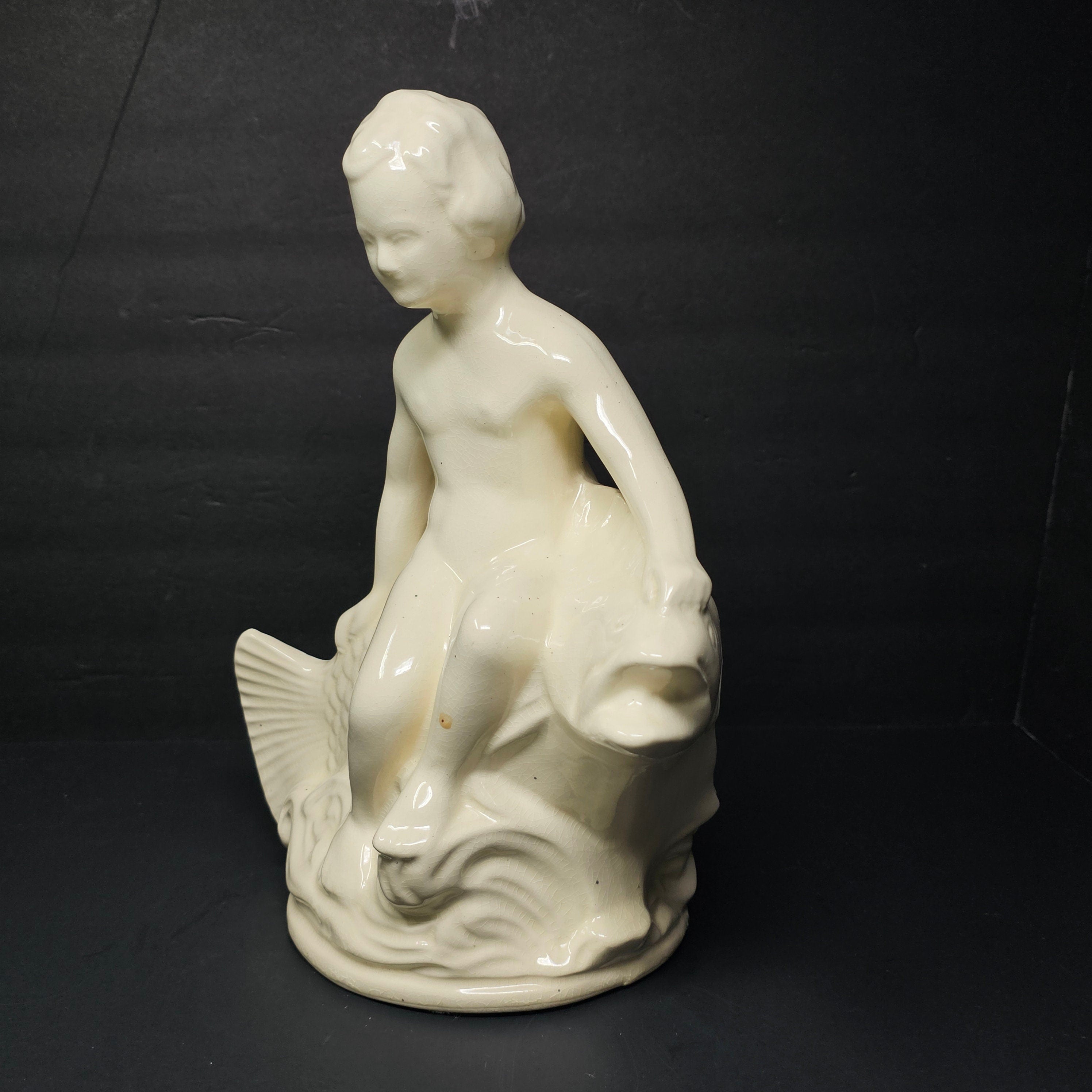 Pottery Statue By Robinson Ransbottom Boy Seated on Fish Bird Bath Insert 12.5" H