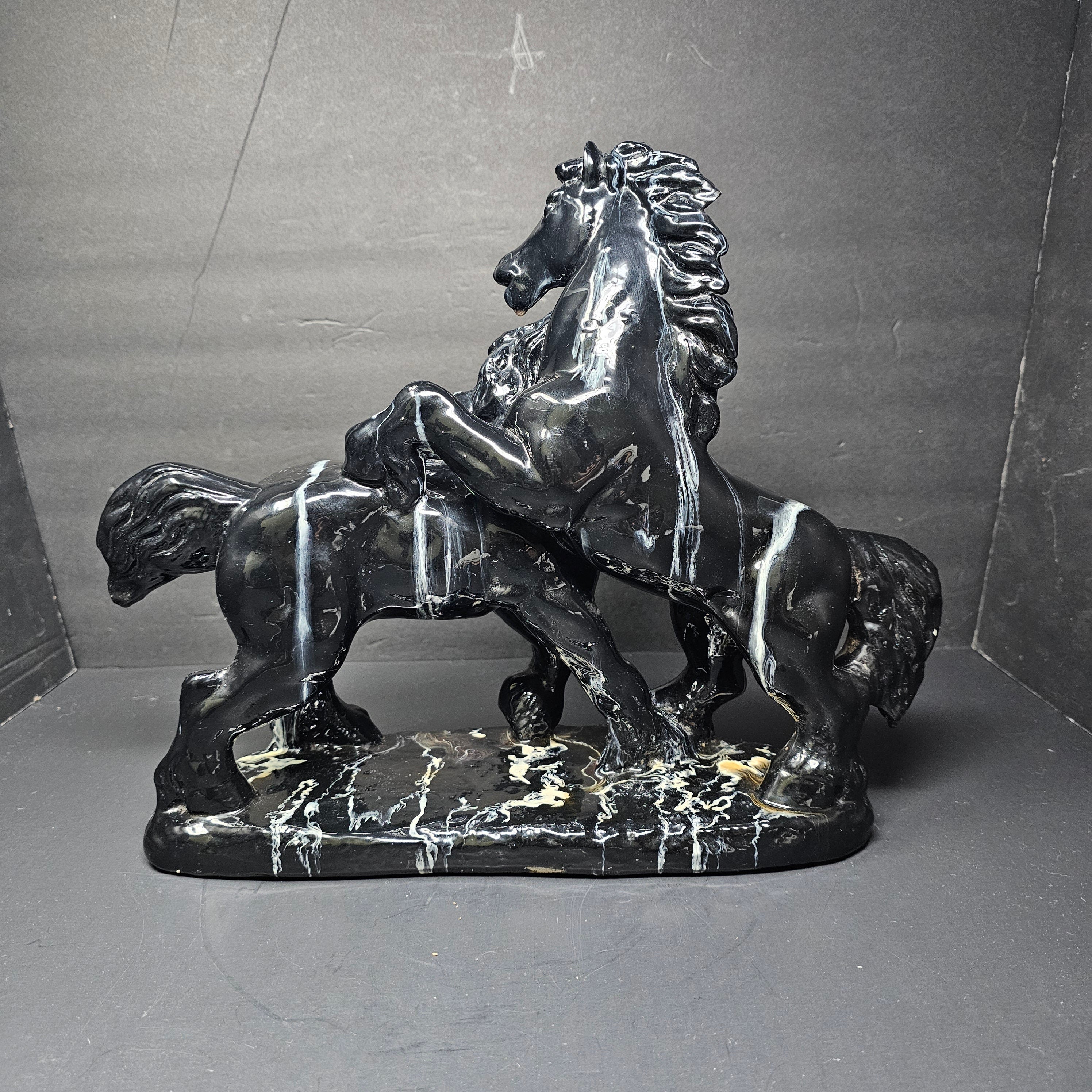 Two Black Stallions Sculpture Glazed Plaster Marble Swirl Statue Vintage