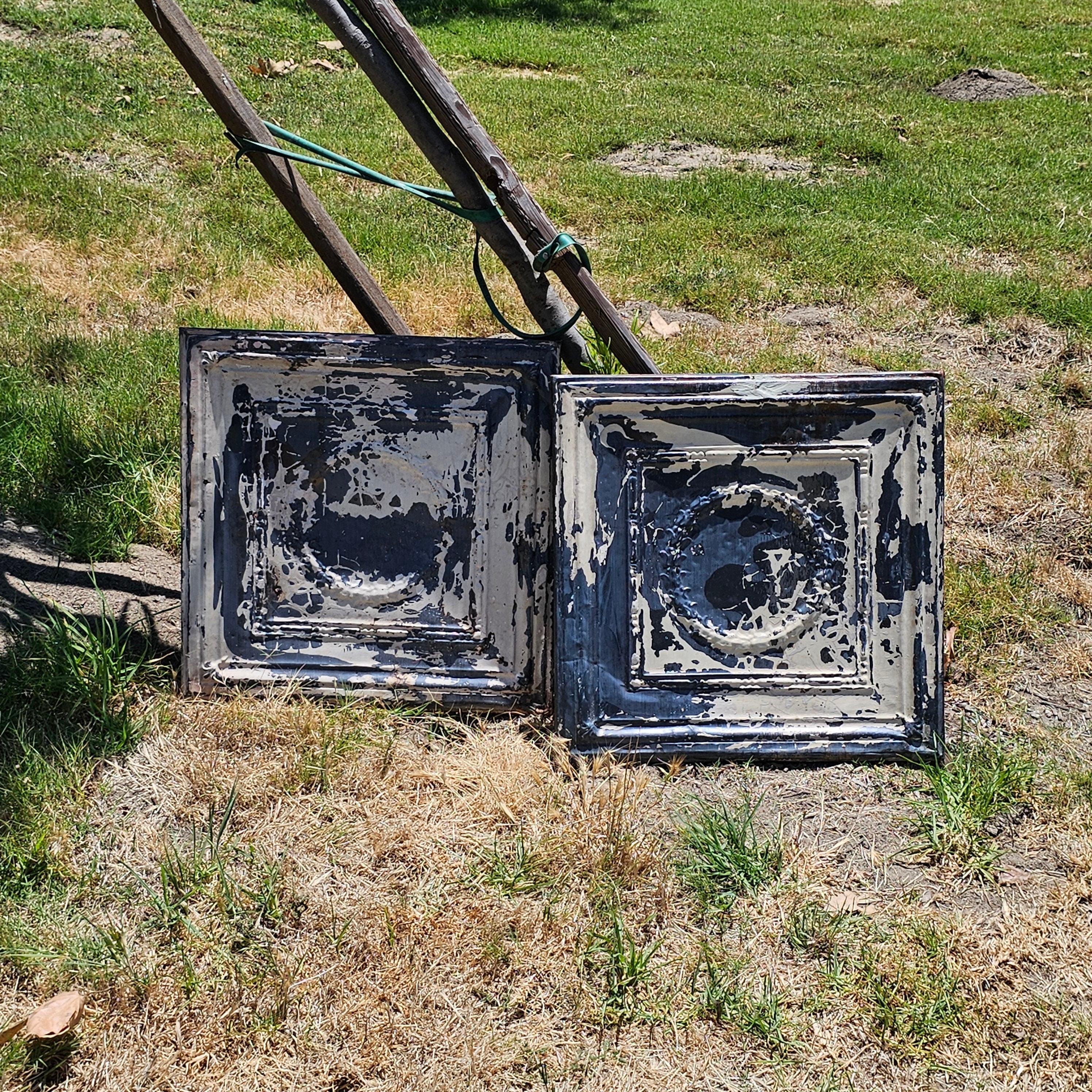 Set of 2 Wood Framed Tin Metal Rustic Garden Art Decor 23" x 23" Weathered