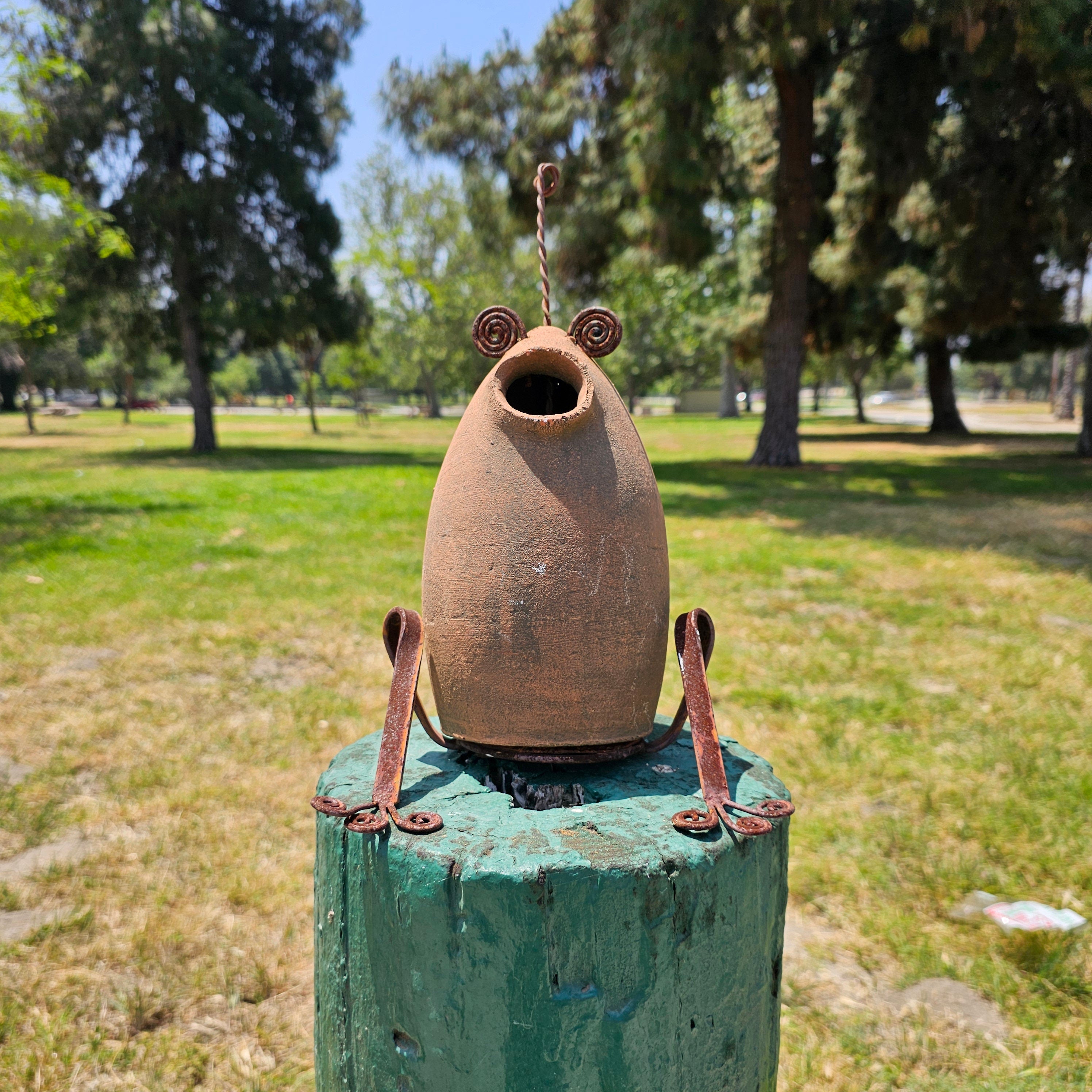 Hanging Clay Birdhouse Rustic Frog Design
