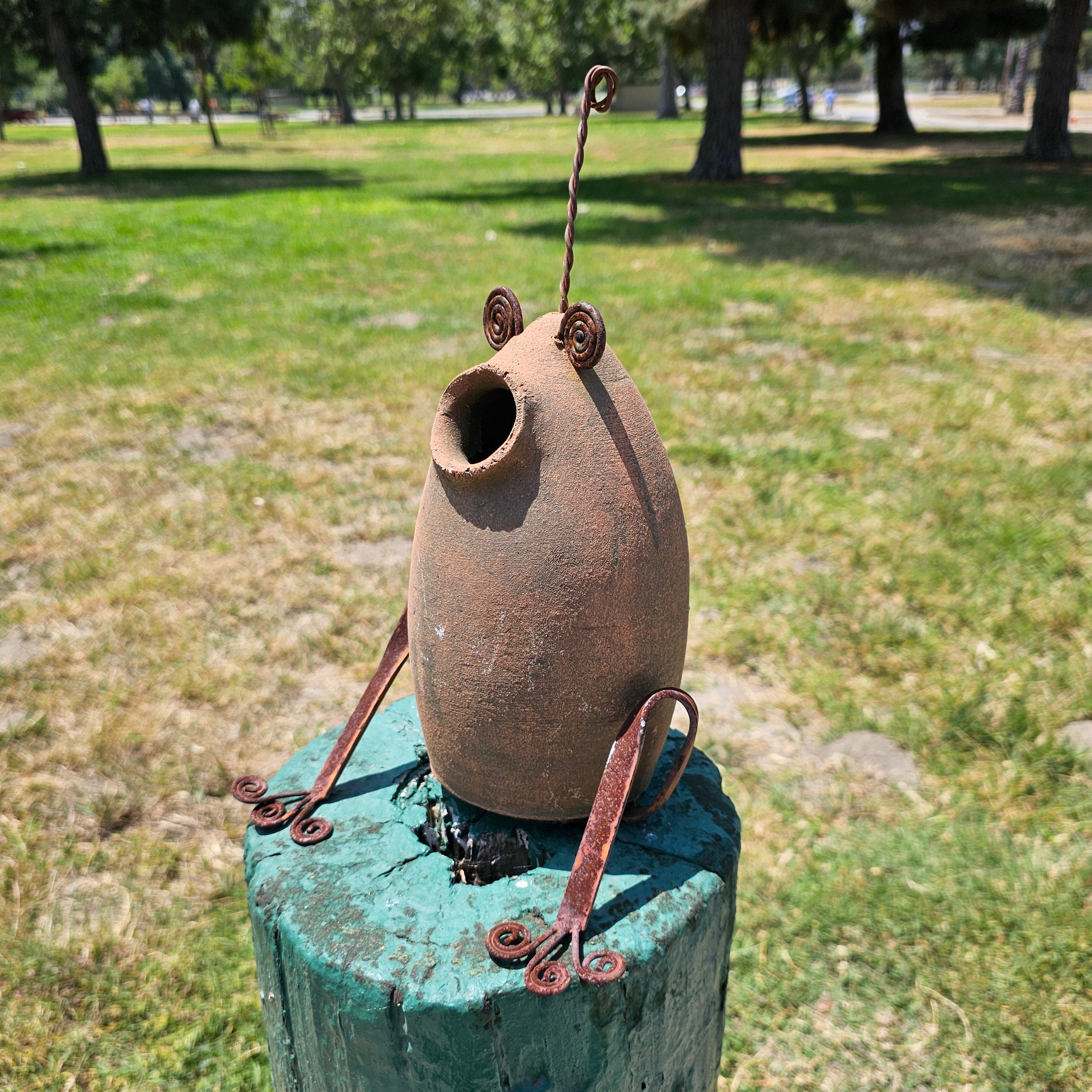 Hanging Clay Birdhouse Rustic Frog Design