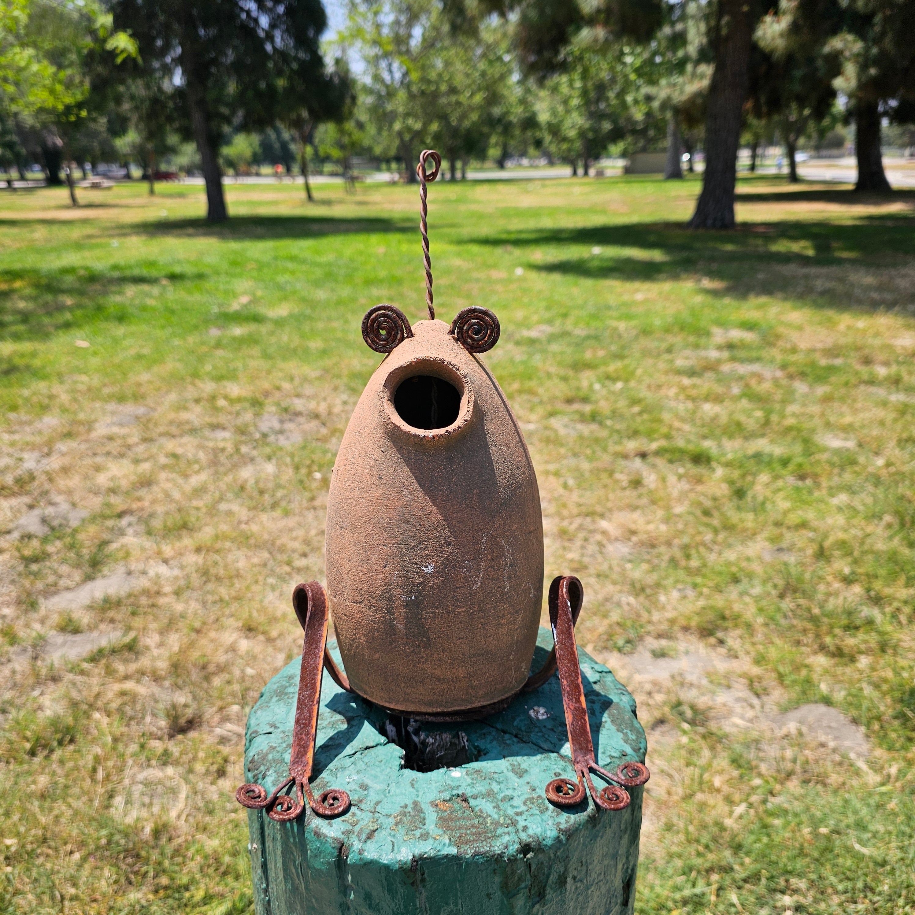 Hanging Clay Birdhouse Rustic Frog Design