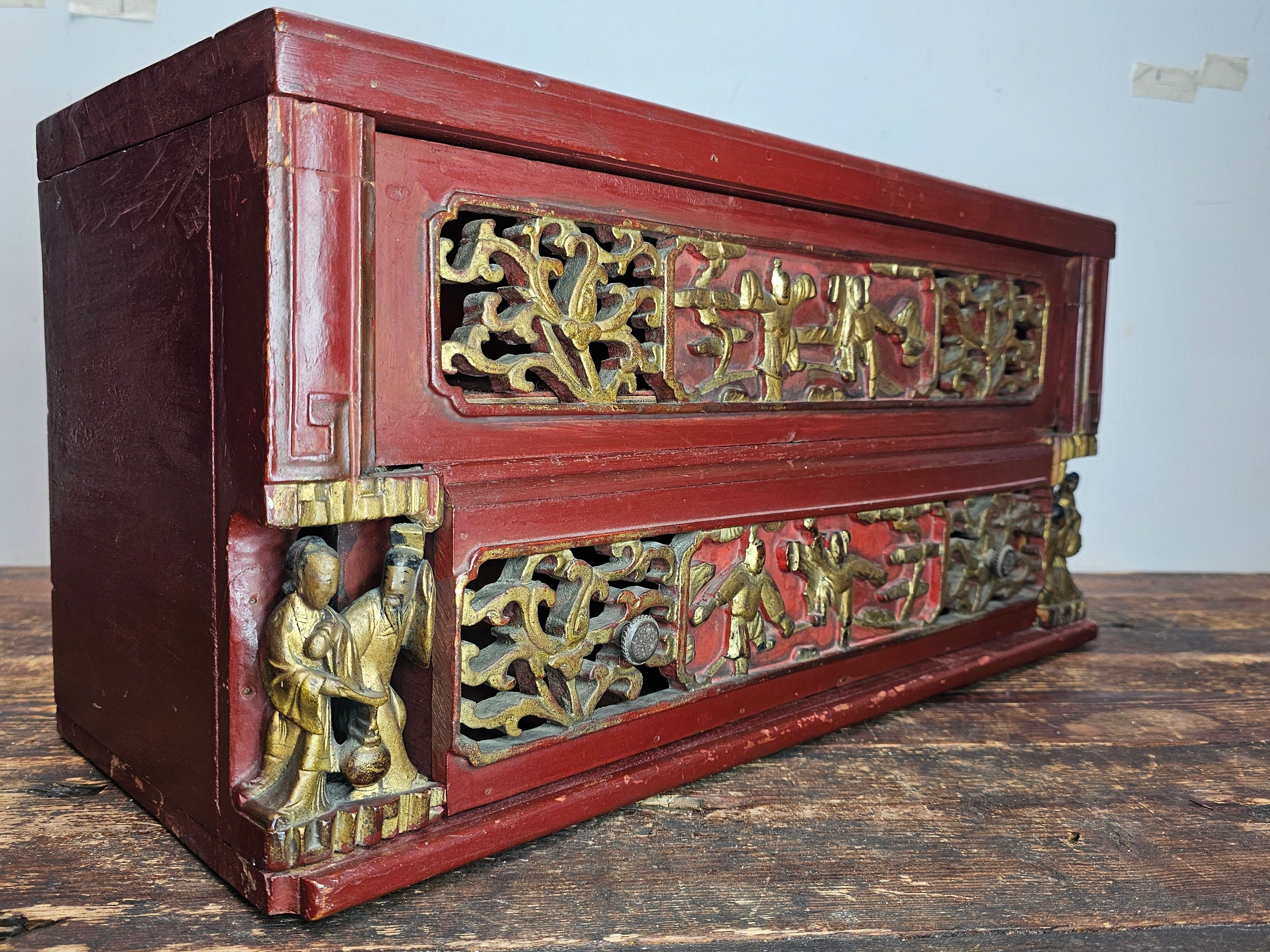 Antique Chinese Red & Gilt Carved Wood Chest Box