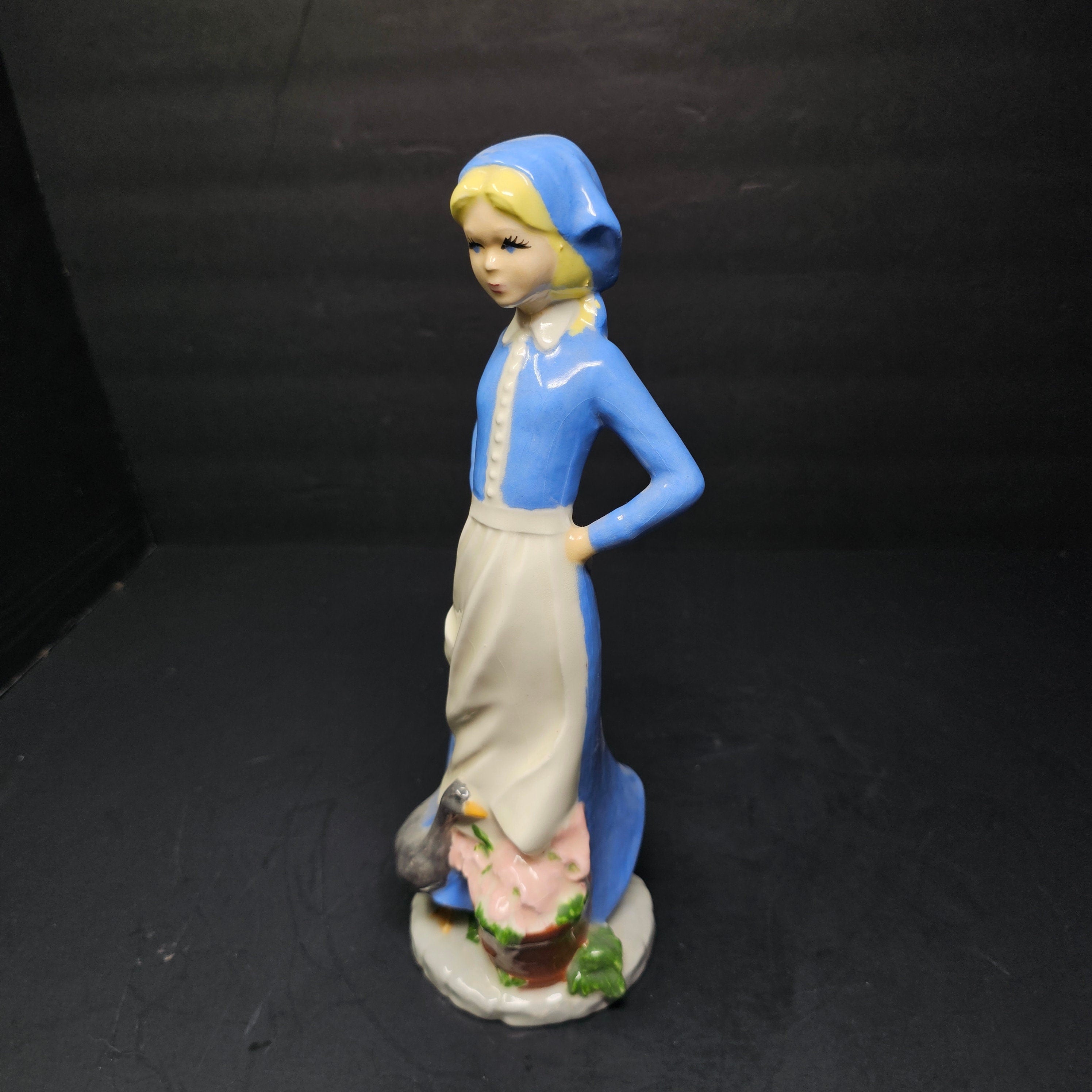 Blue Glazed Porcelain Farm Lady Figurine Duck Flowers 1990