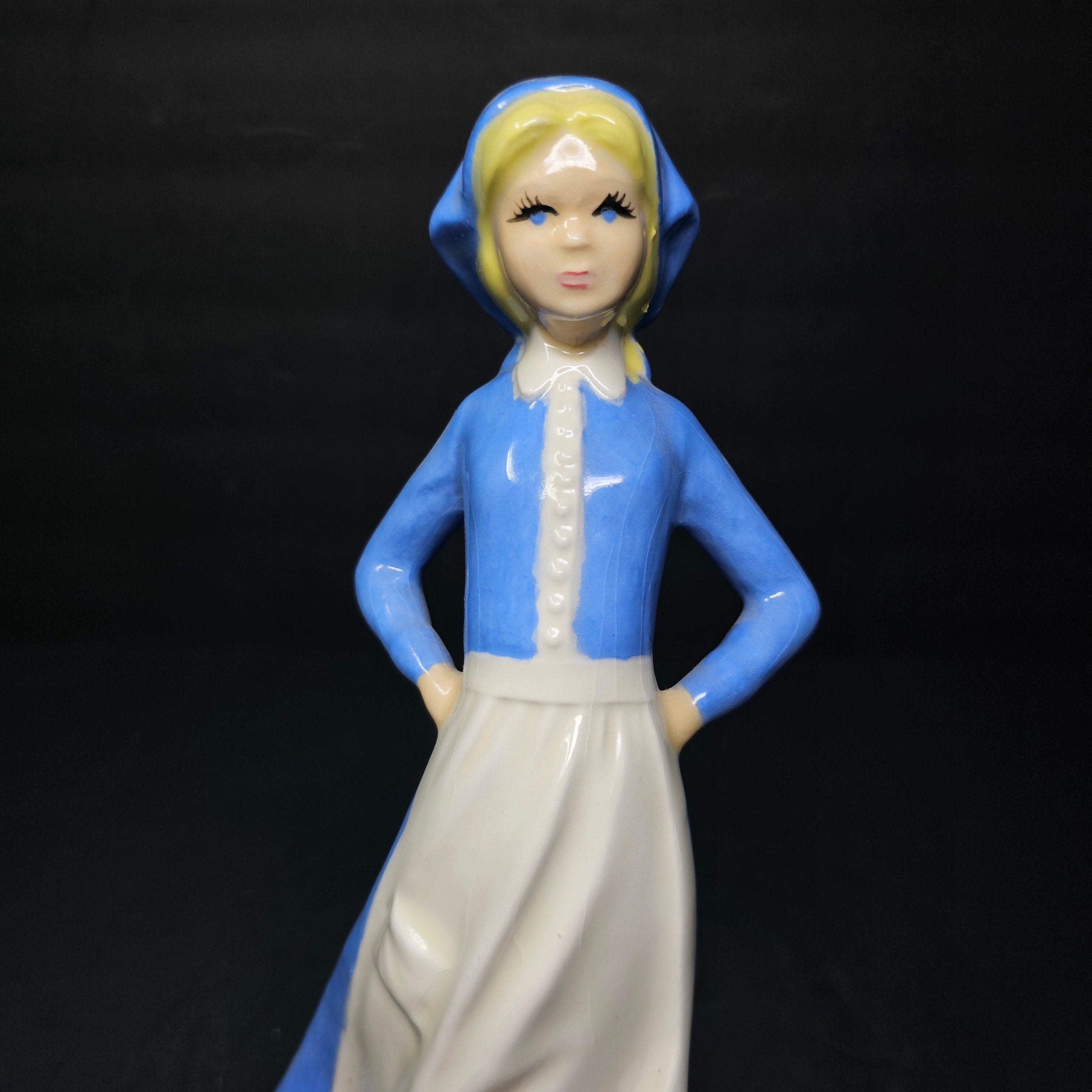 Blue Glazed Porcelain Farm Lady Figurine Duck Flowers 1990