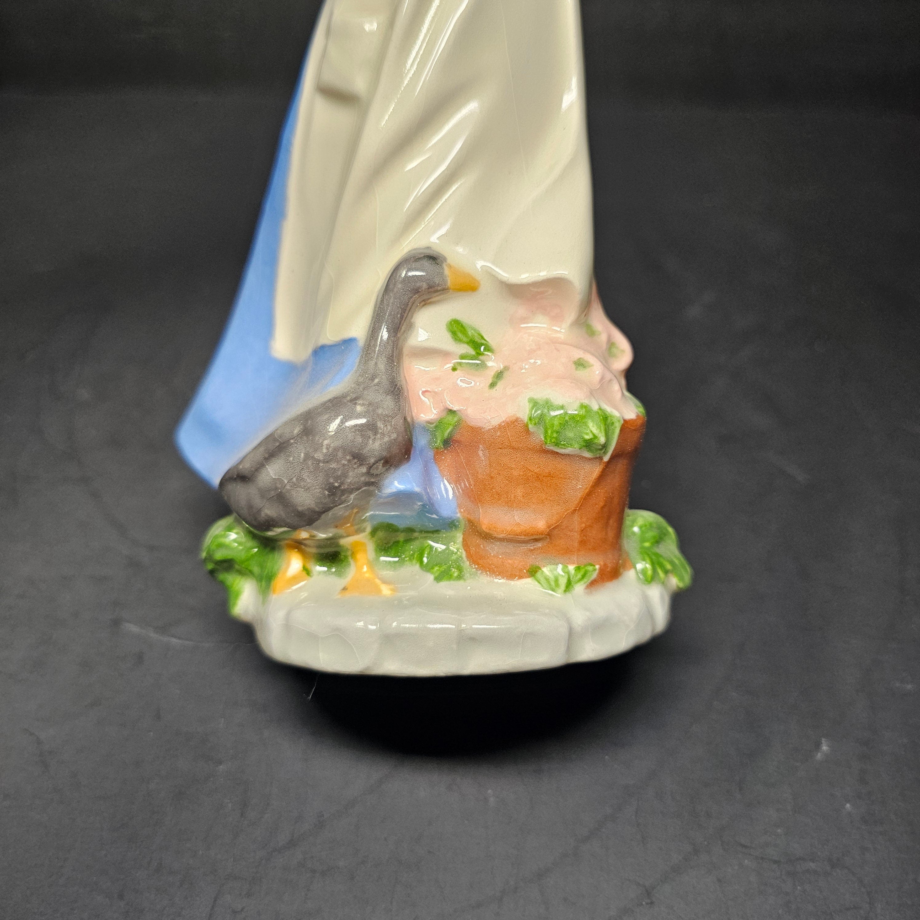 Blue Glazed Porcelain Farm Lady Figurine Duck Flowers 1990