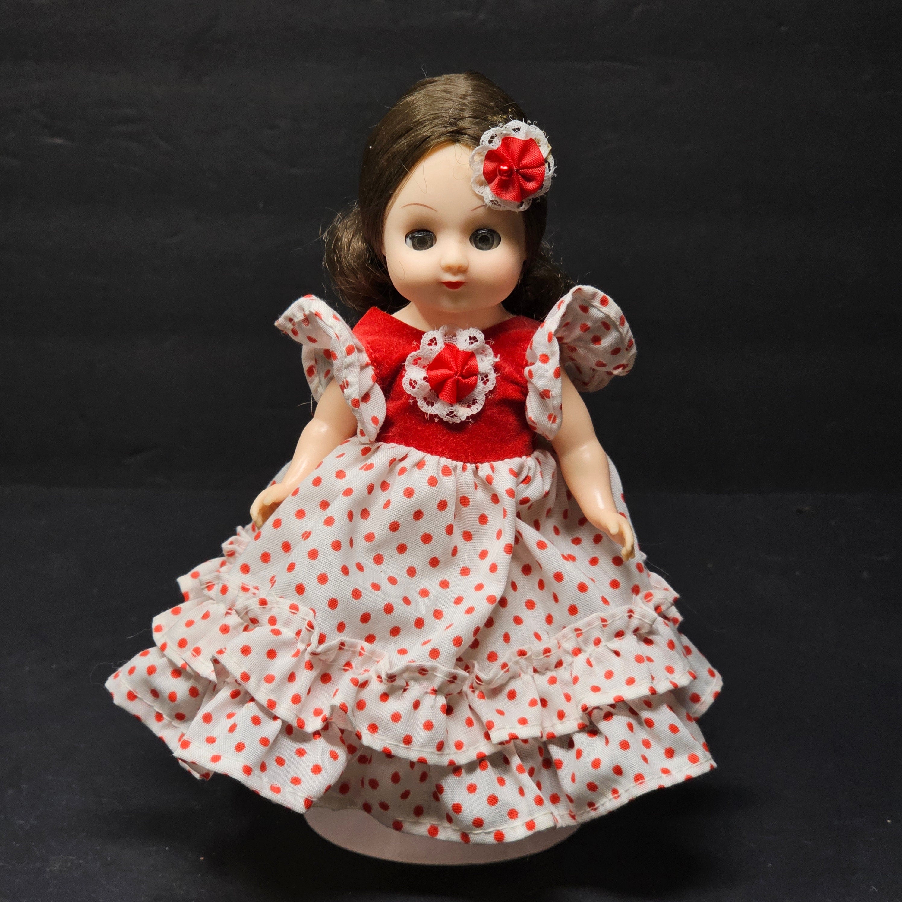 Vintage Symbol of Quality Doll 7" Dark Hair Red and White Polka Dot Dress