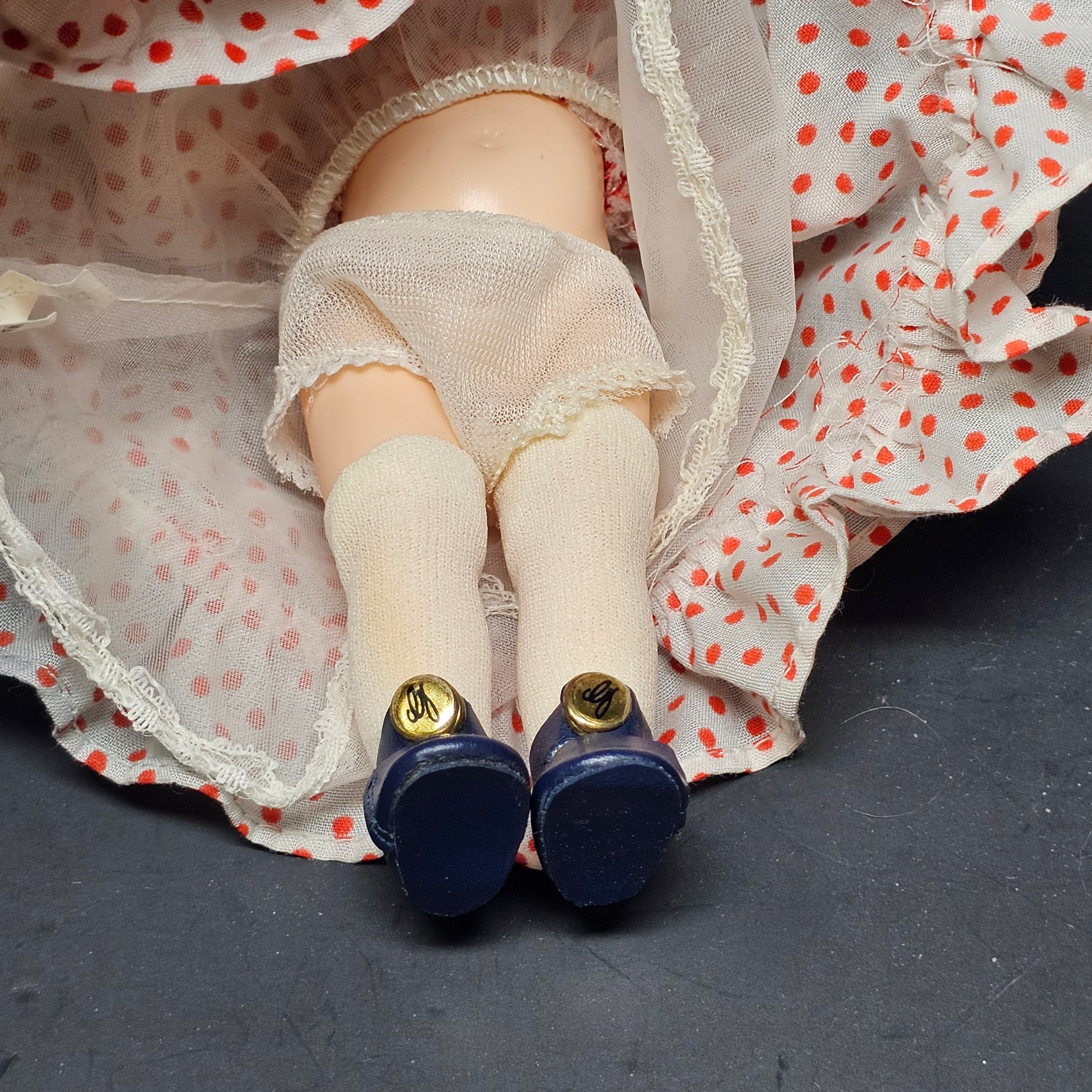 Vintage Symbol of Quality Doll 7" Dark Hair Red and White Polka Dot Dress
