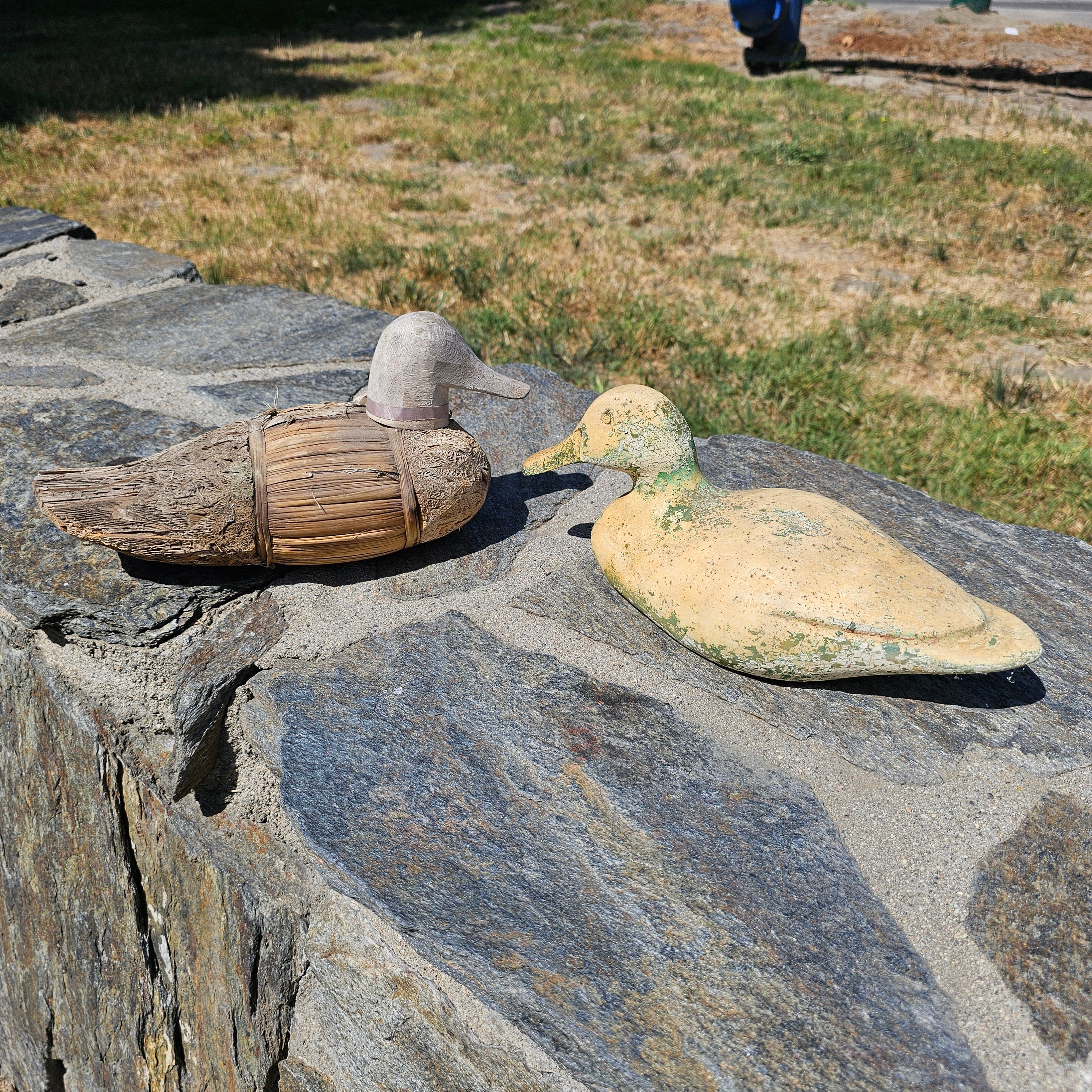 Set of 2 Wood, Corn Husk Duck 11" And Ceramic Duck 11" Garden Decor