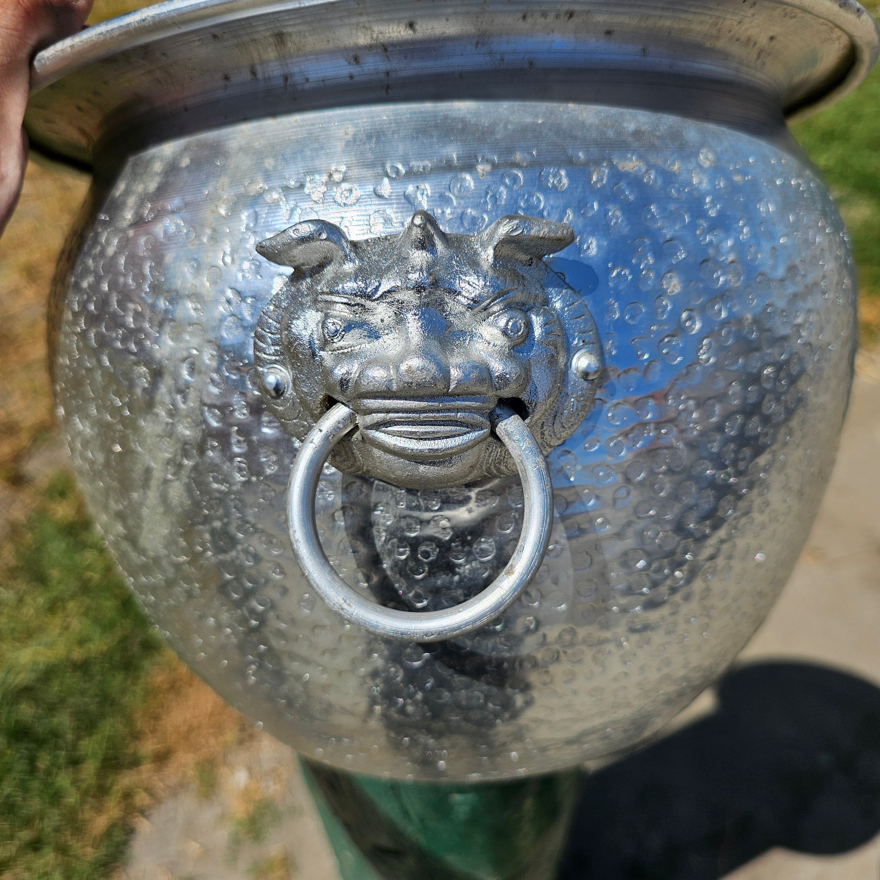 Hammered Aluminum Flower Pot Bucket With Foo Dog Handles 12.5" Dia x 9" H