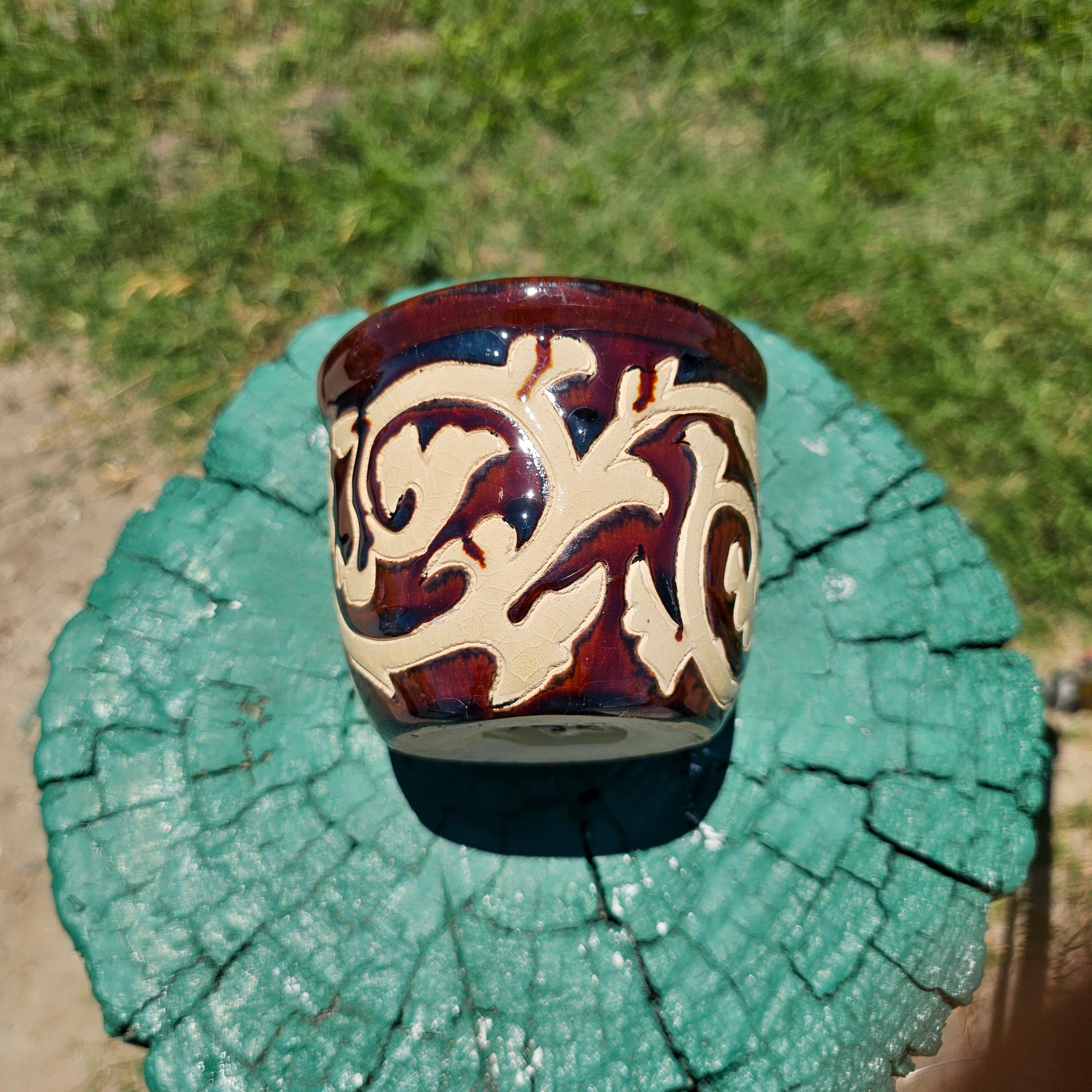 Studio Pottery Planter Earthy Tones And Abstract Pattern 4.30" Dia x 3.5" H