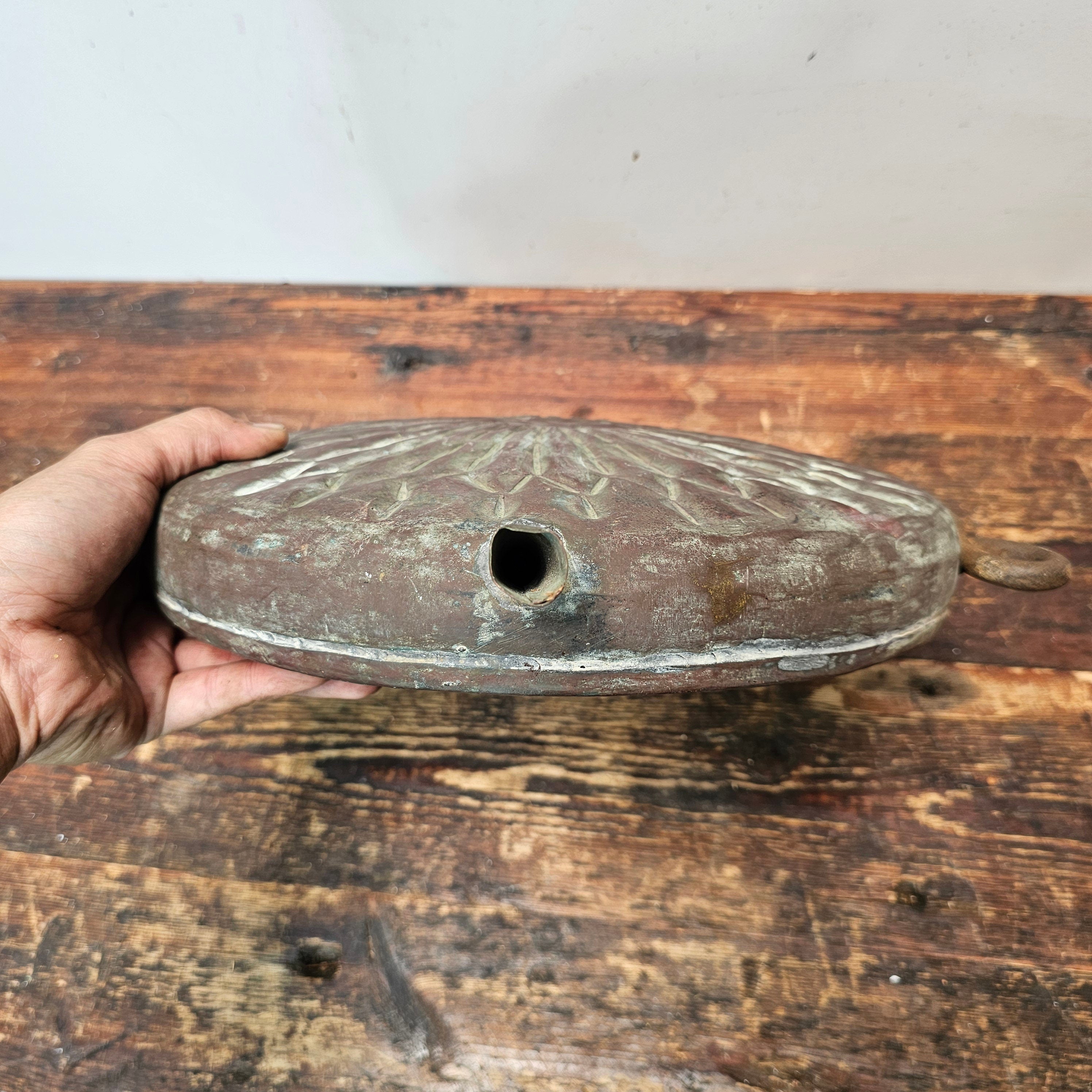 Antique Middle-Eastern Tinned Engraved Copper Canteen Wall Decor