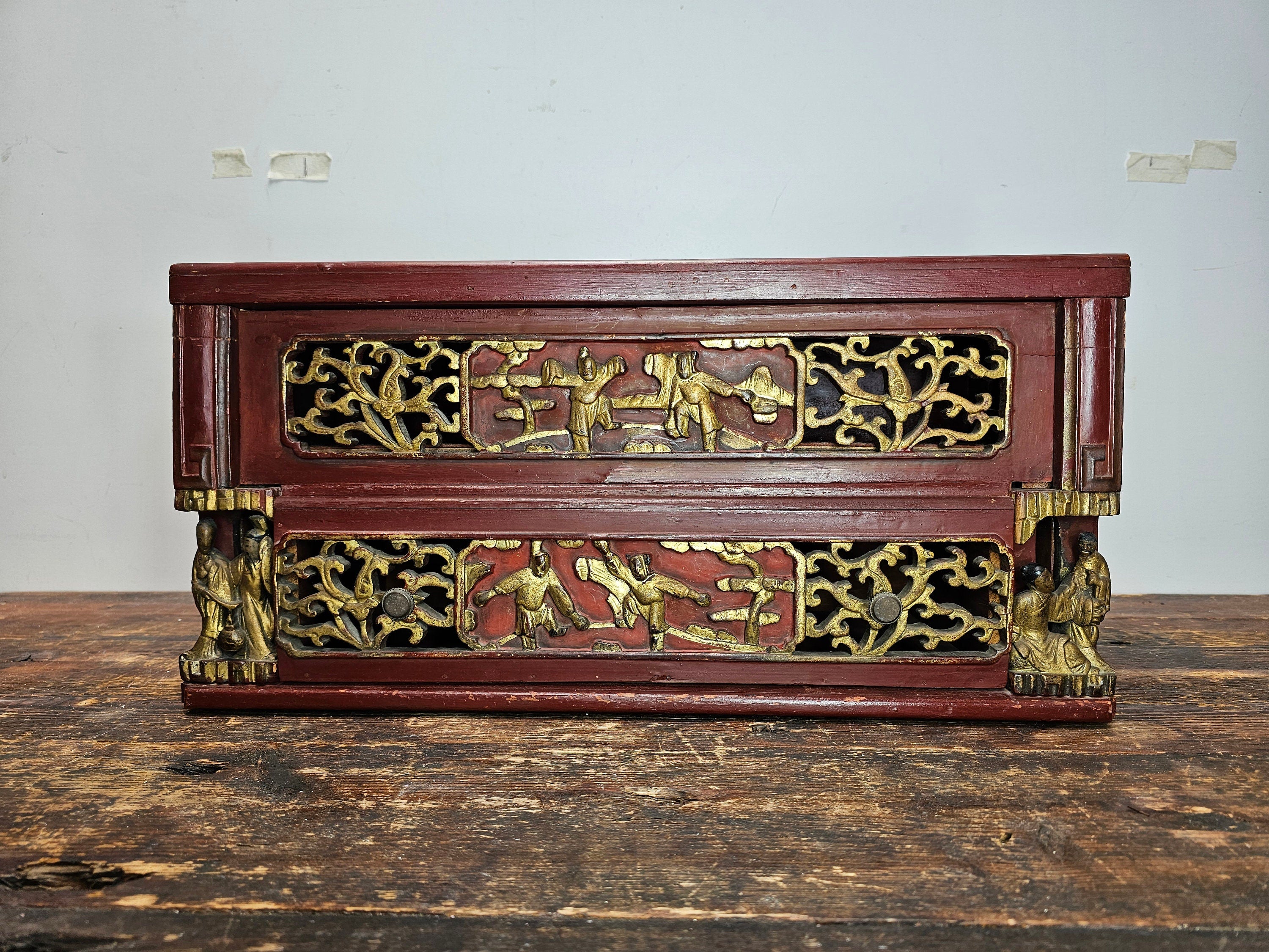 Antique Chinese Red & Gilt Carved Wood Chest Box