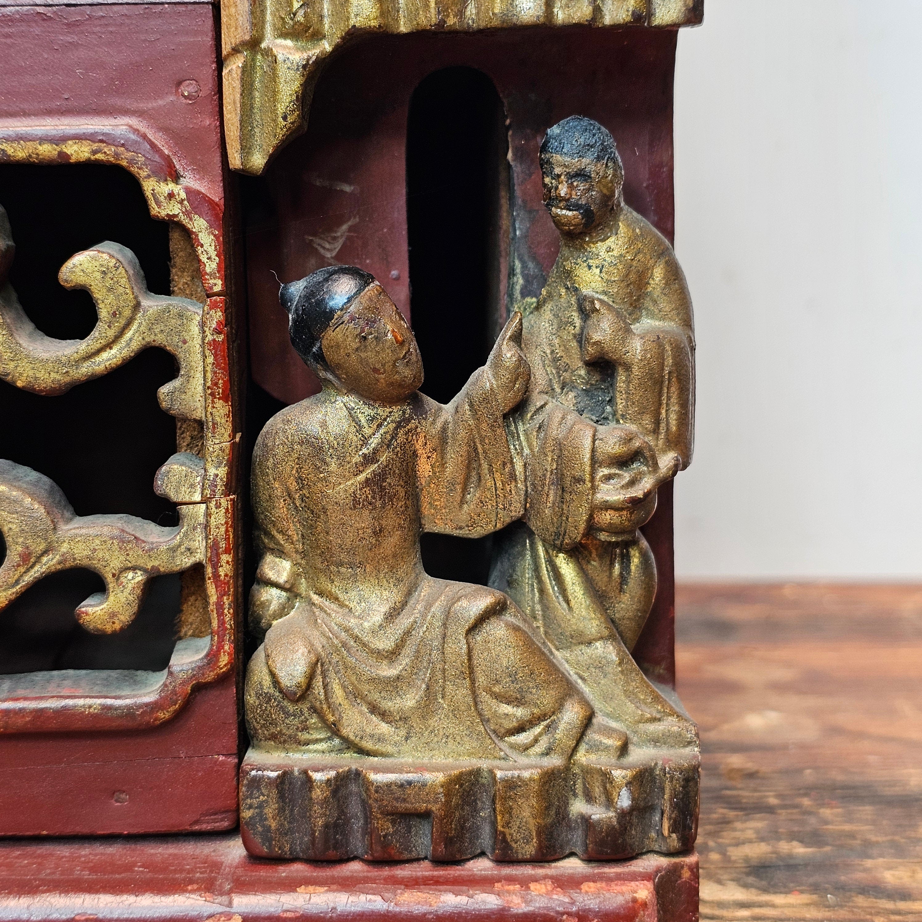 Antique Chinese Red & Gilt Carved Wood Chest Box