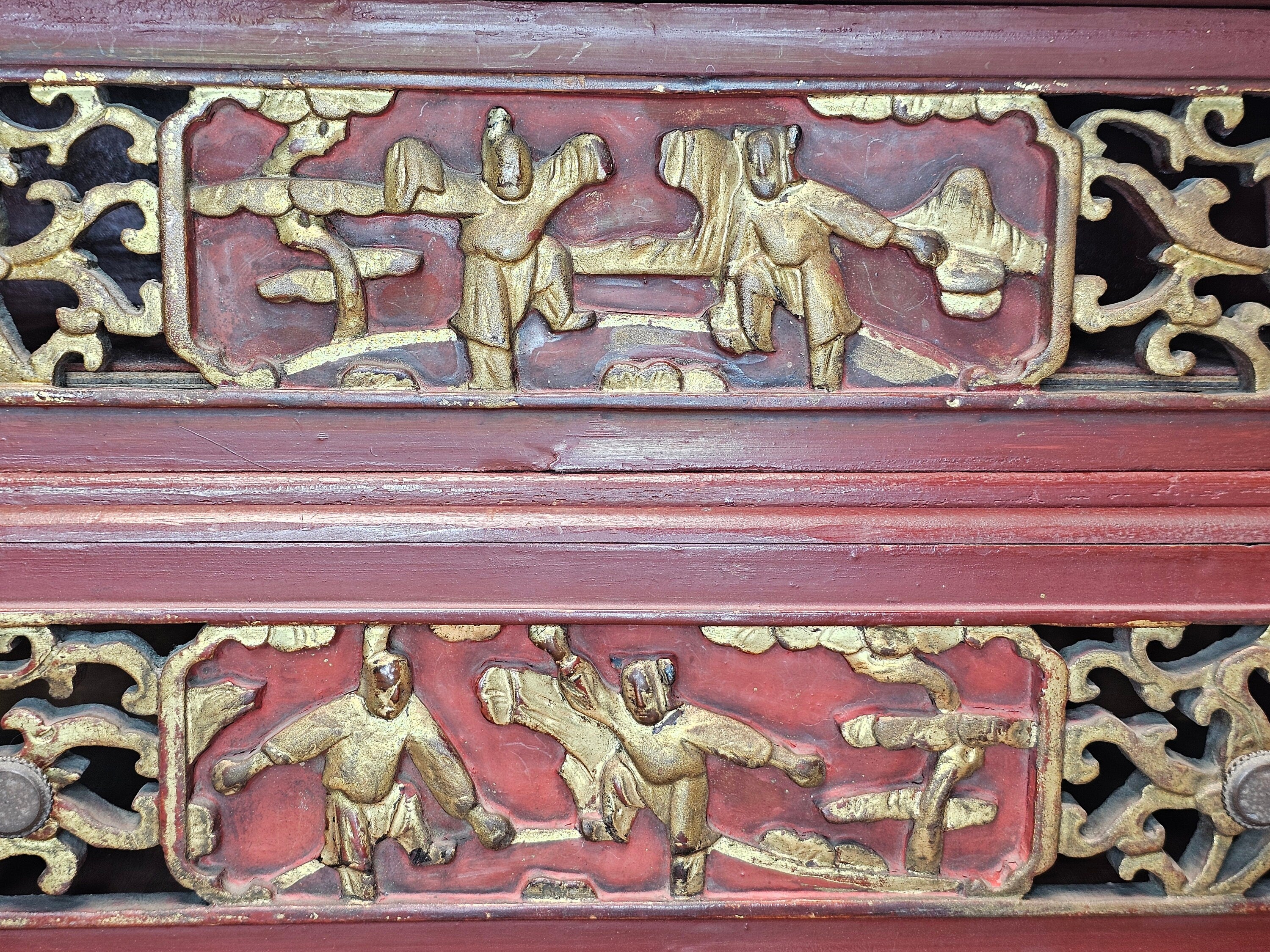 Antique Chinese Red & Gilt Carved Wood Chest Box