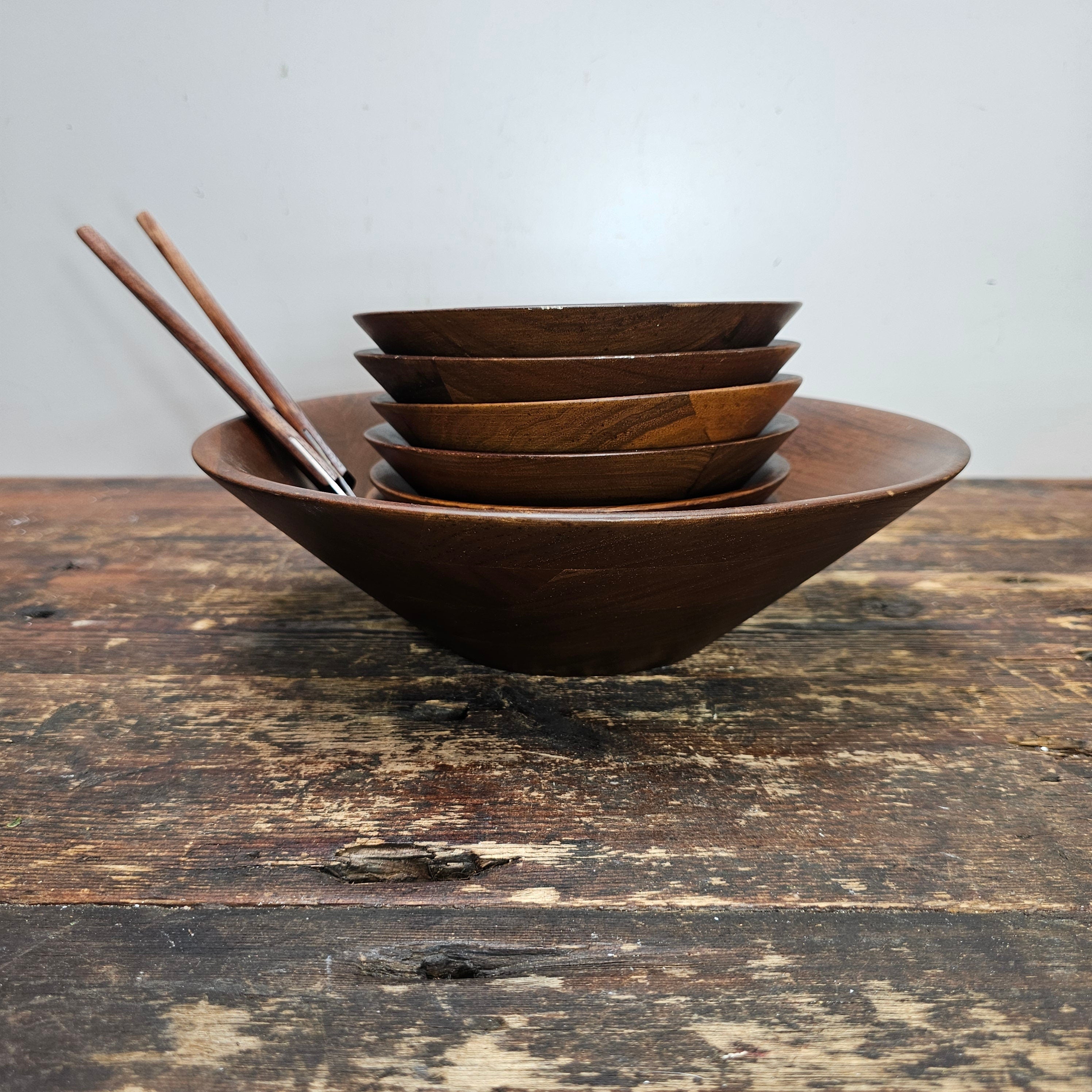 MCM Style Teak Salad Bowl Set 9 Pieces