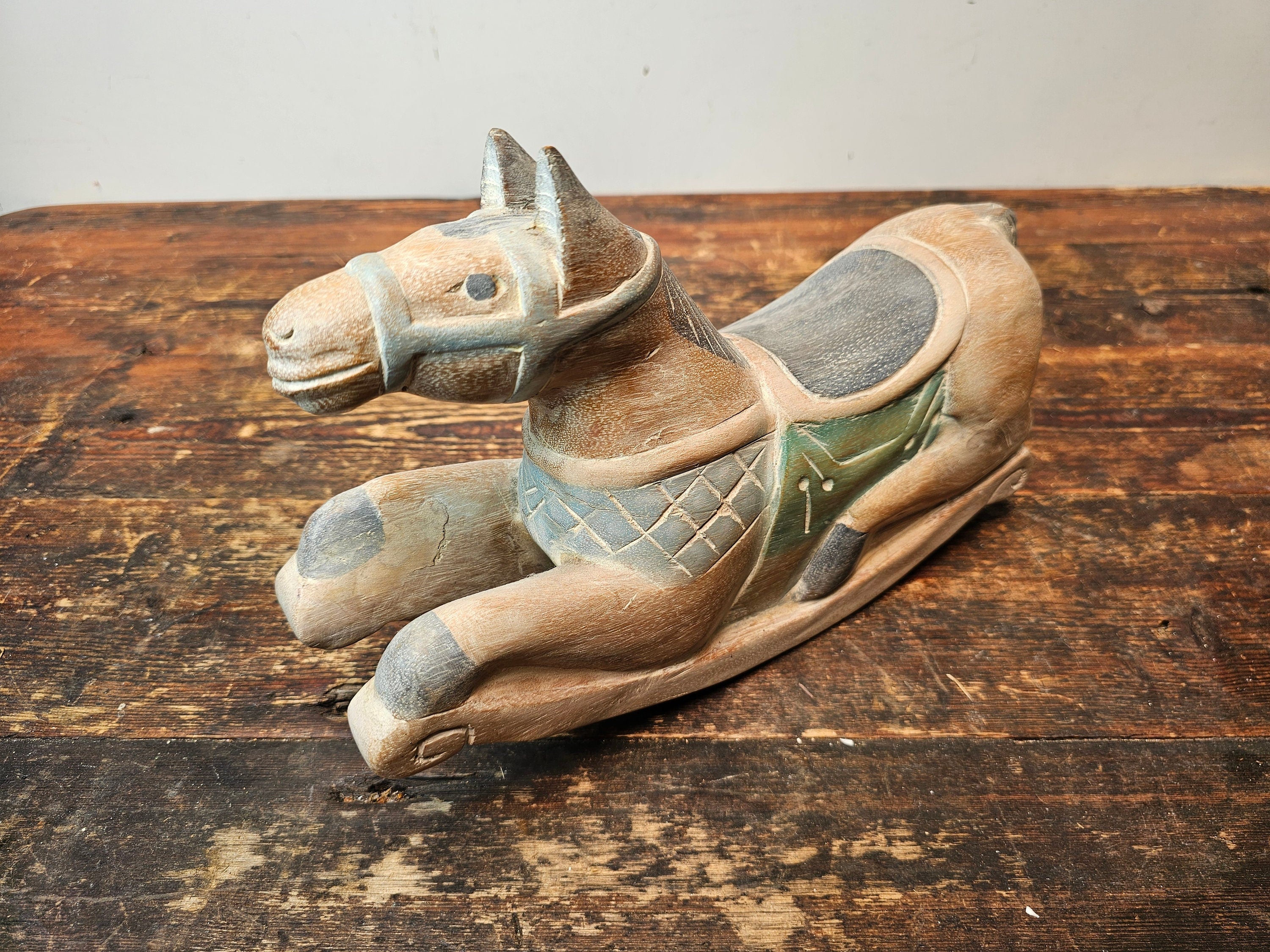 Vintage Asian Hand Carved and Painted Rocking Horse 13"L x 4"W x 9"H