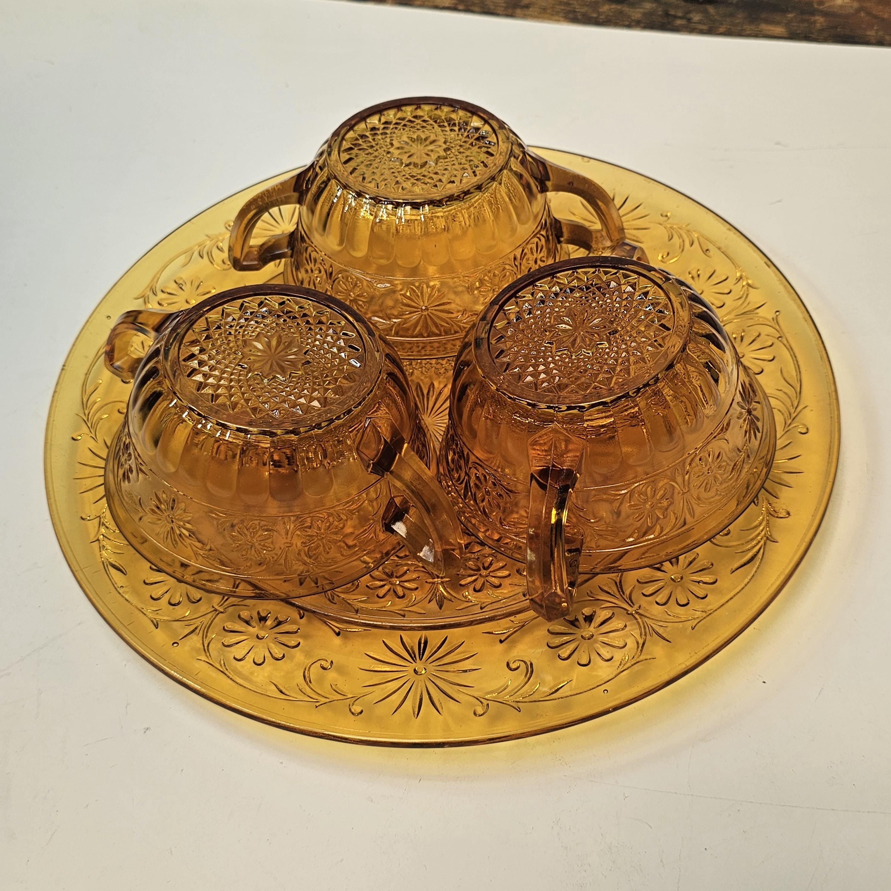 Set of 5 Vintage Indiana Daisy Amber Depression Glass Plates & Soup Bowls Set