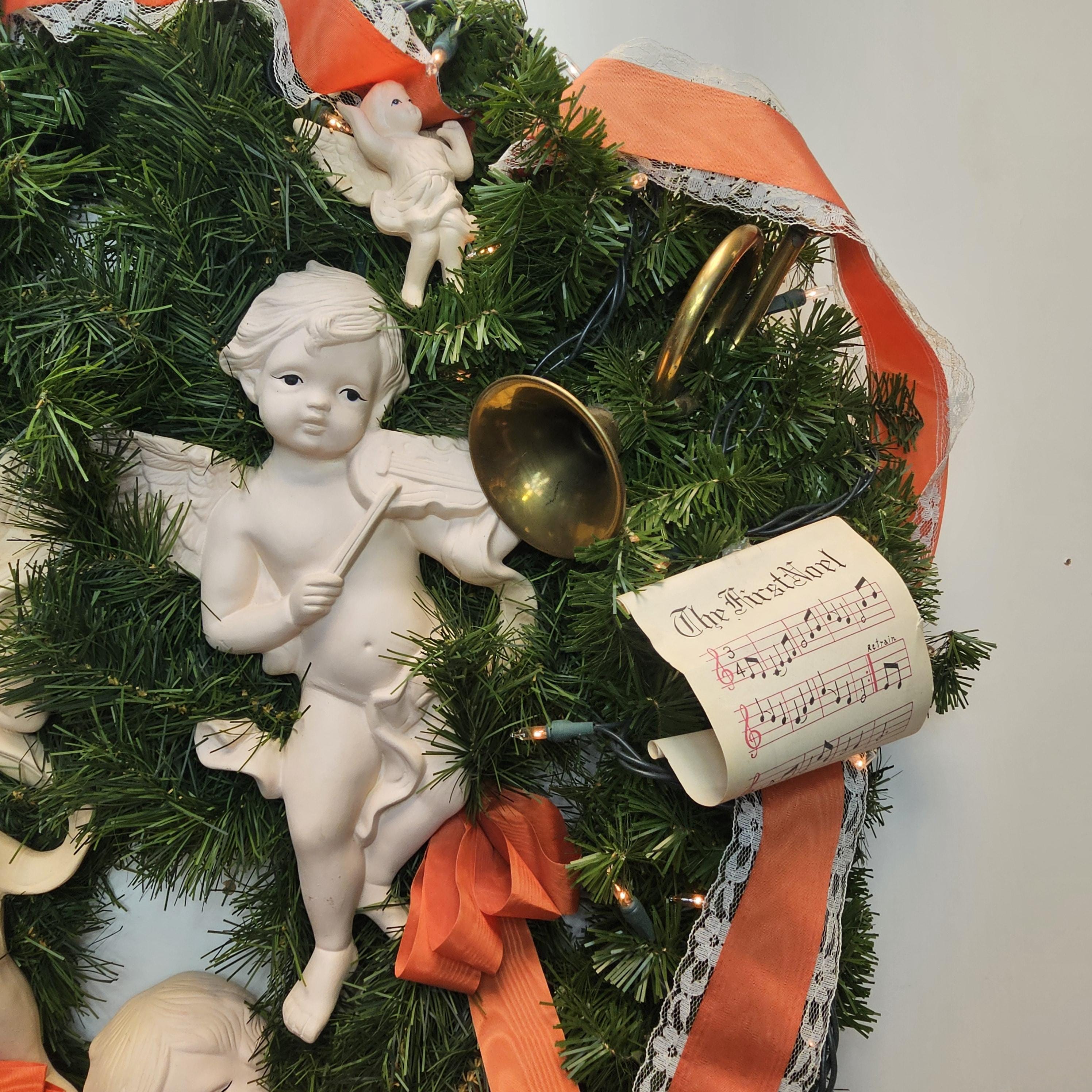 Christmas Wreath Sign 27” Diameter With 5 Bisque Angels