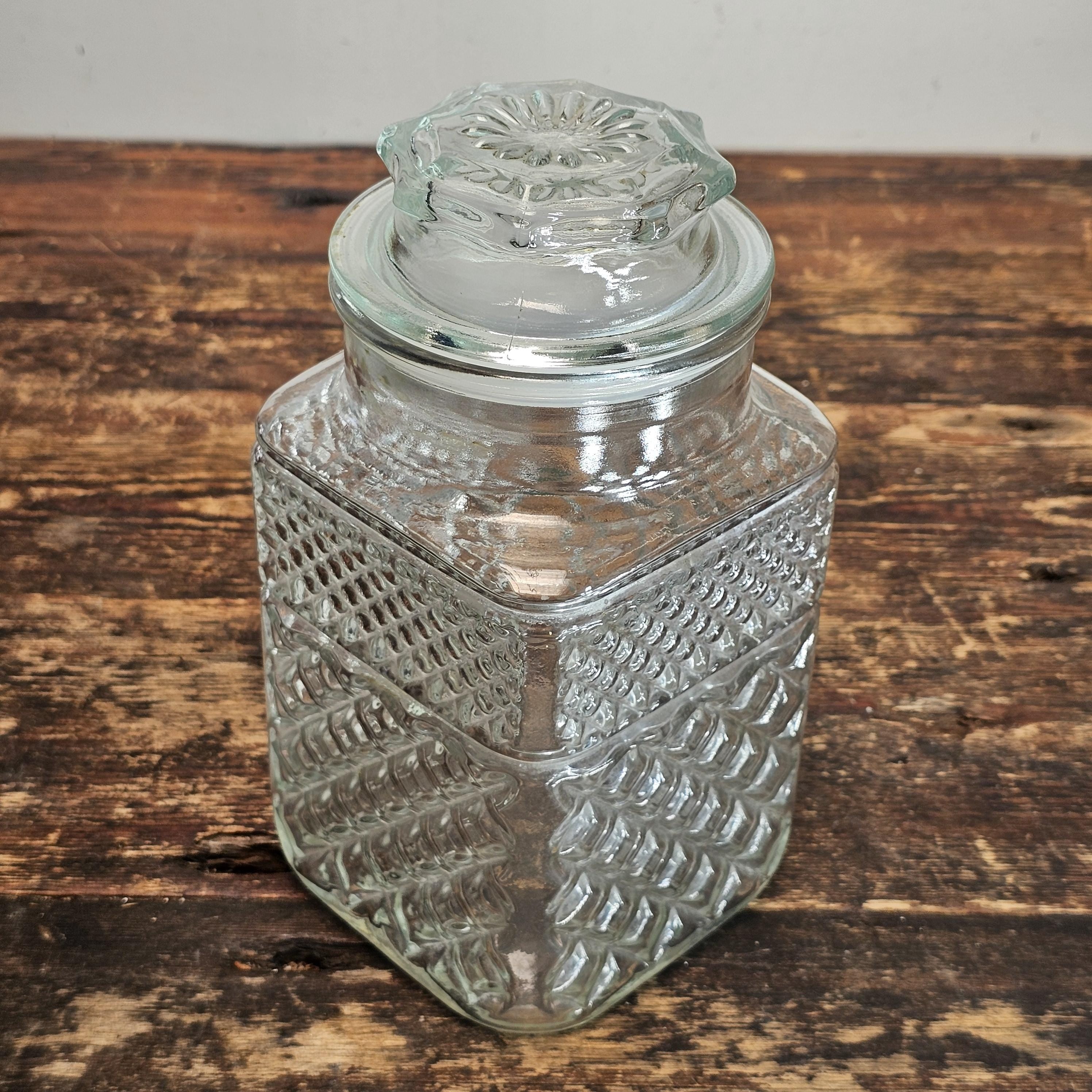 The Anchor Hocking Wexford Diamond Cut Glass Canister 4.5" x 4.5" x 9.25"H