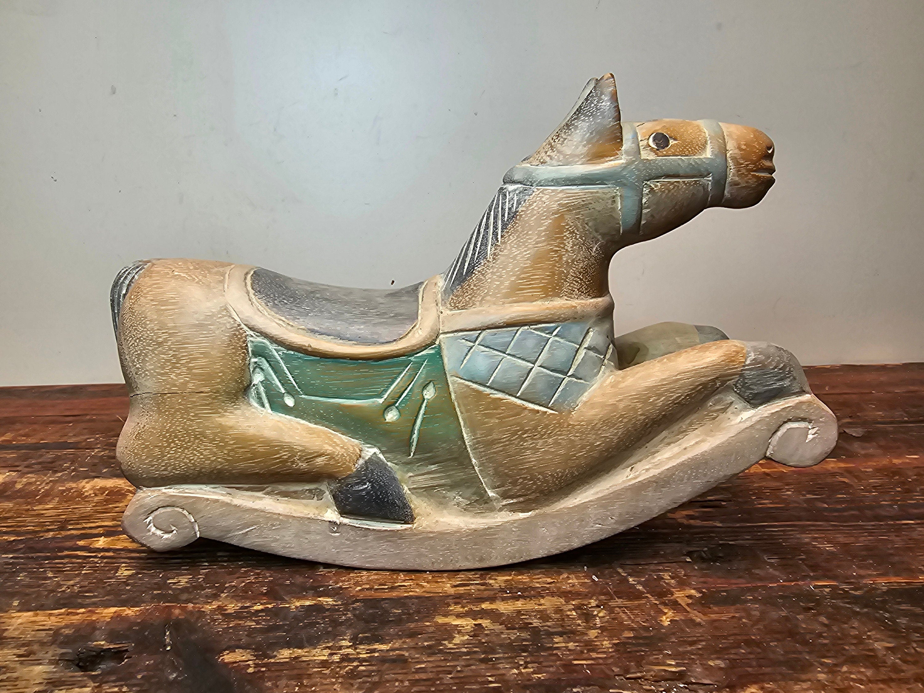 Vintage Asian Hand Carved and Painted Rocking Horse 13"L x 4"W x 9"H