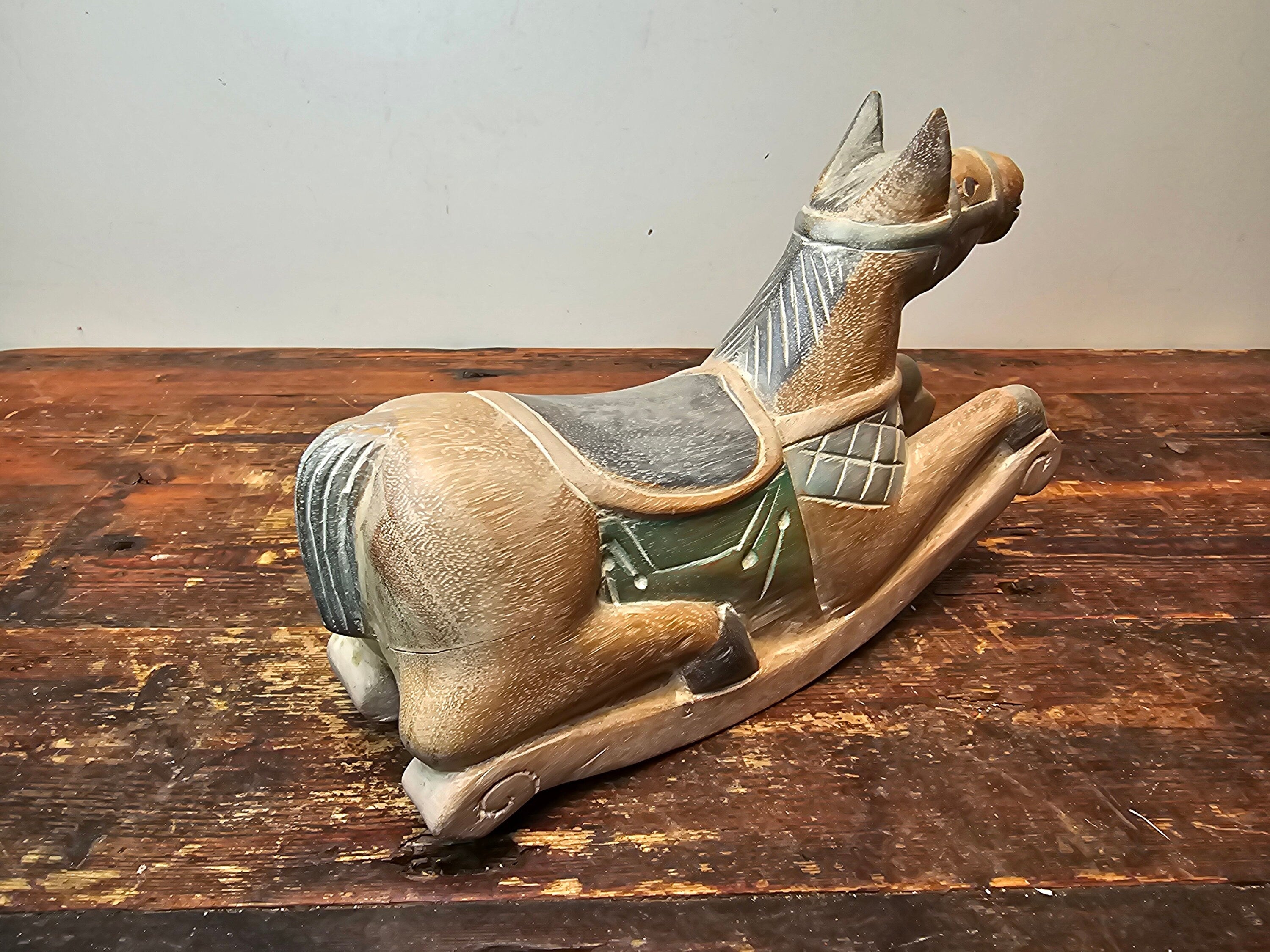 Vintage Asian Hand Carved and Painted Rocking Horse 13"L x 4"W x 9"H