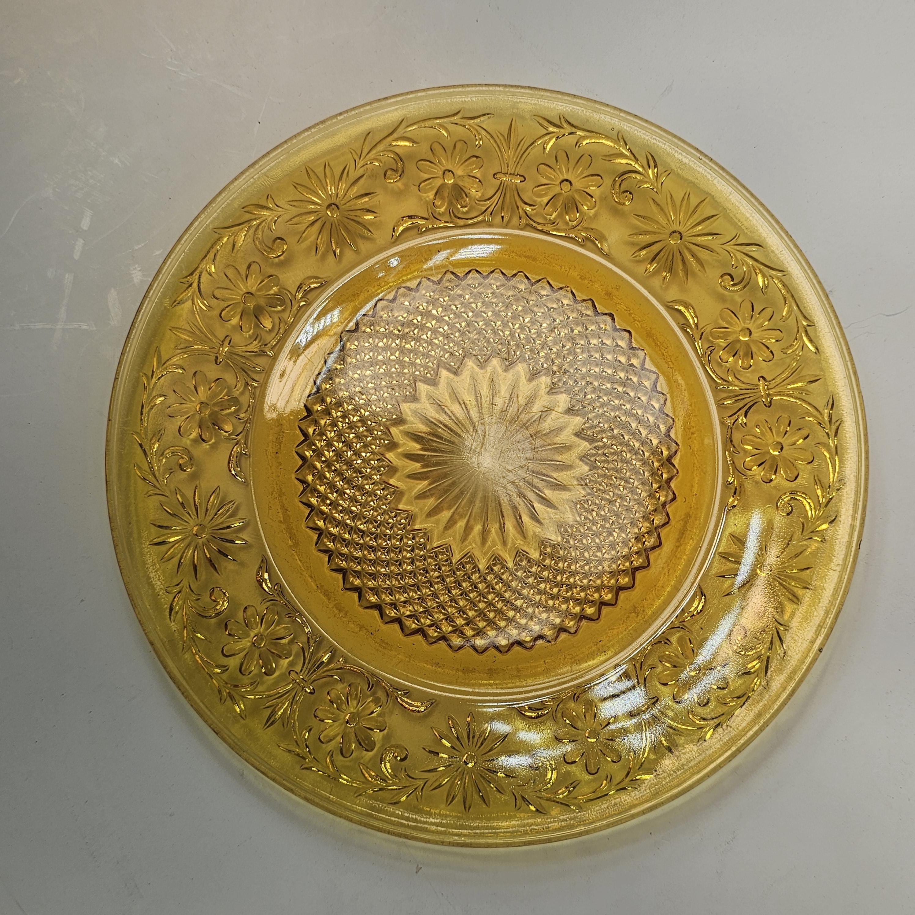 Set of 5 Vintage Indiana Daisy Amber Depression Glass Plates & Soup Bowls Set