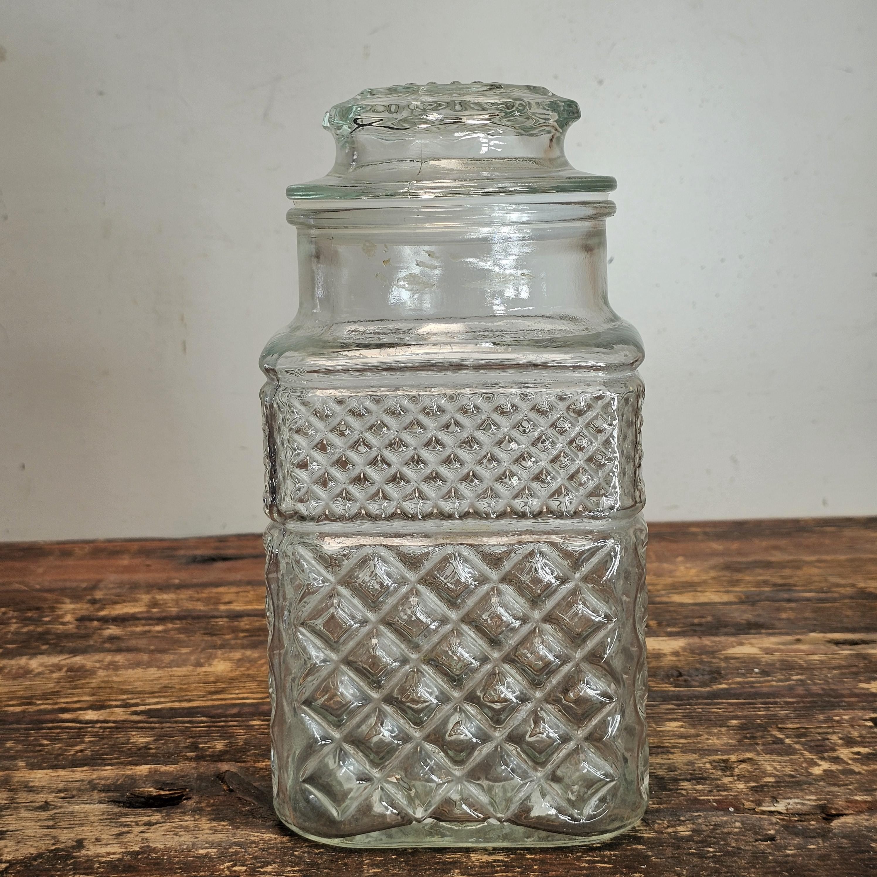 The Anchor Hocking Wexford Diamond Cut Glass Canister 4.5" x 4.5" x 9.25"H