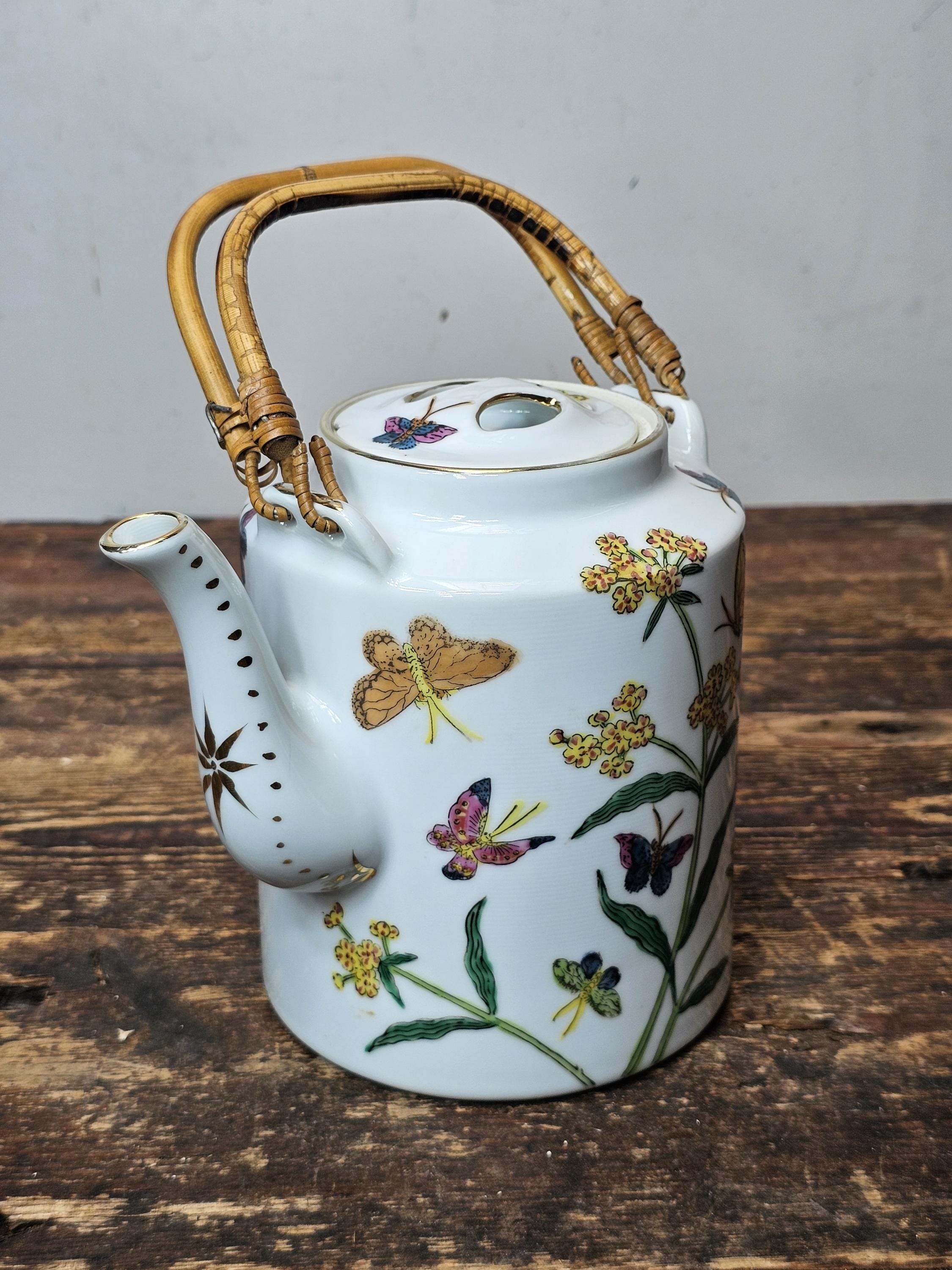 Vintage Robinson Hong Kong Jingdezhen Teapot Hand Painted Butterfly Flowers