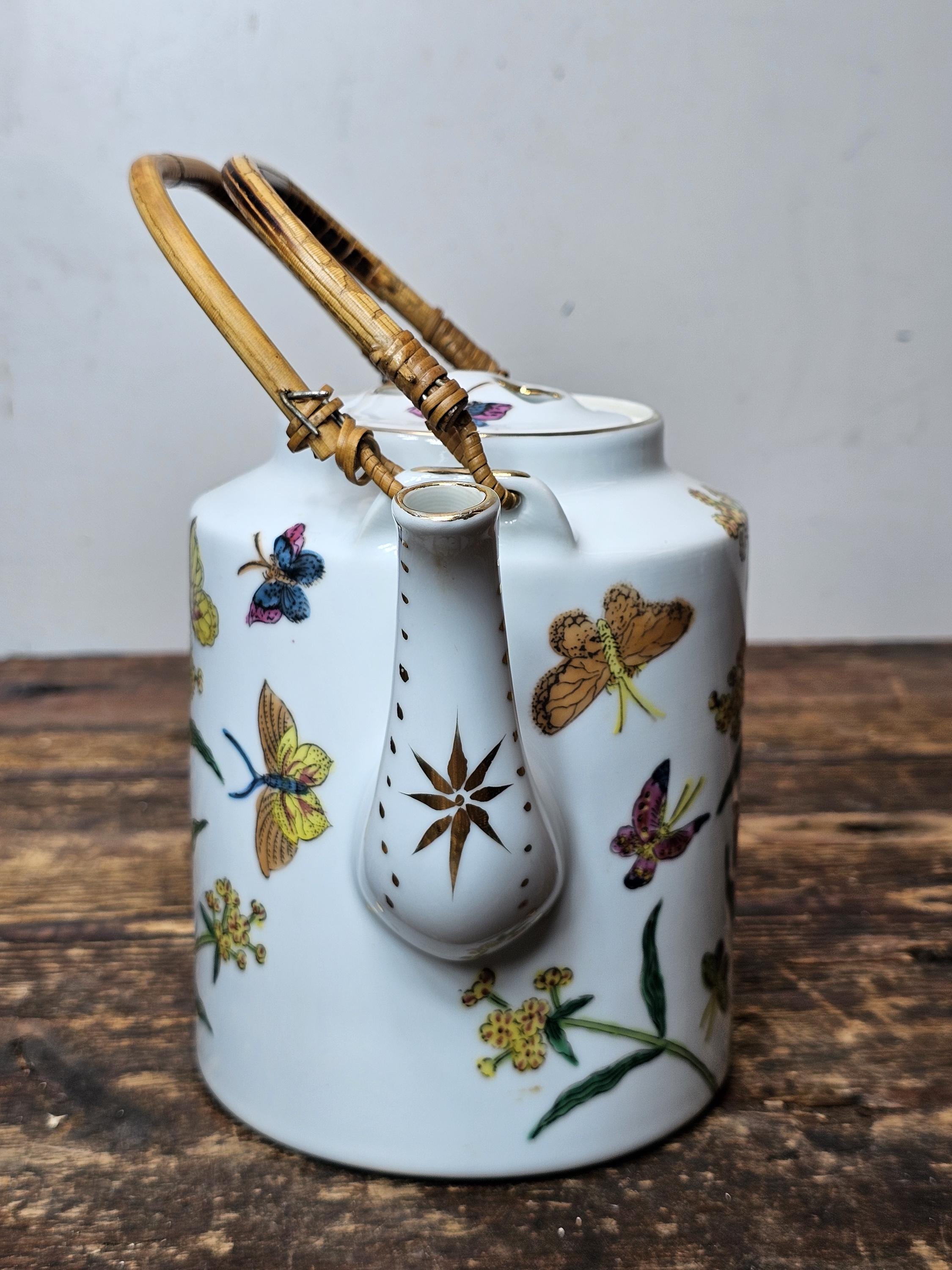 Vintage Robinson Hong Kong Jingdezhen Teapot Hand Painted Butterfly Flowers
