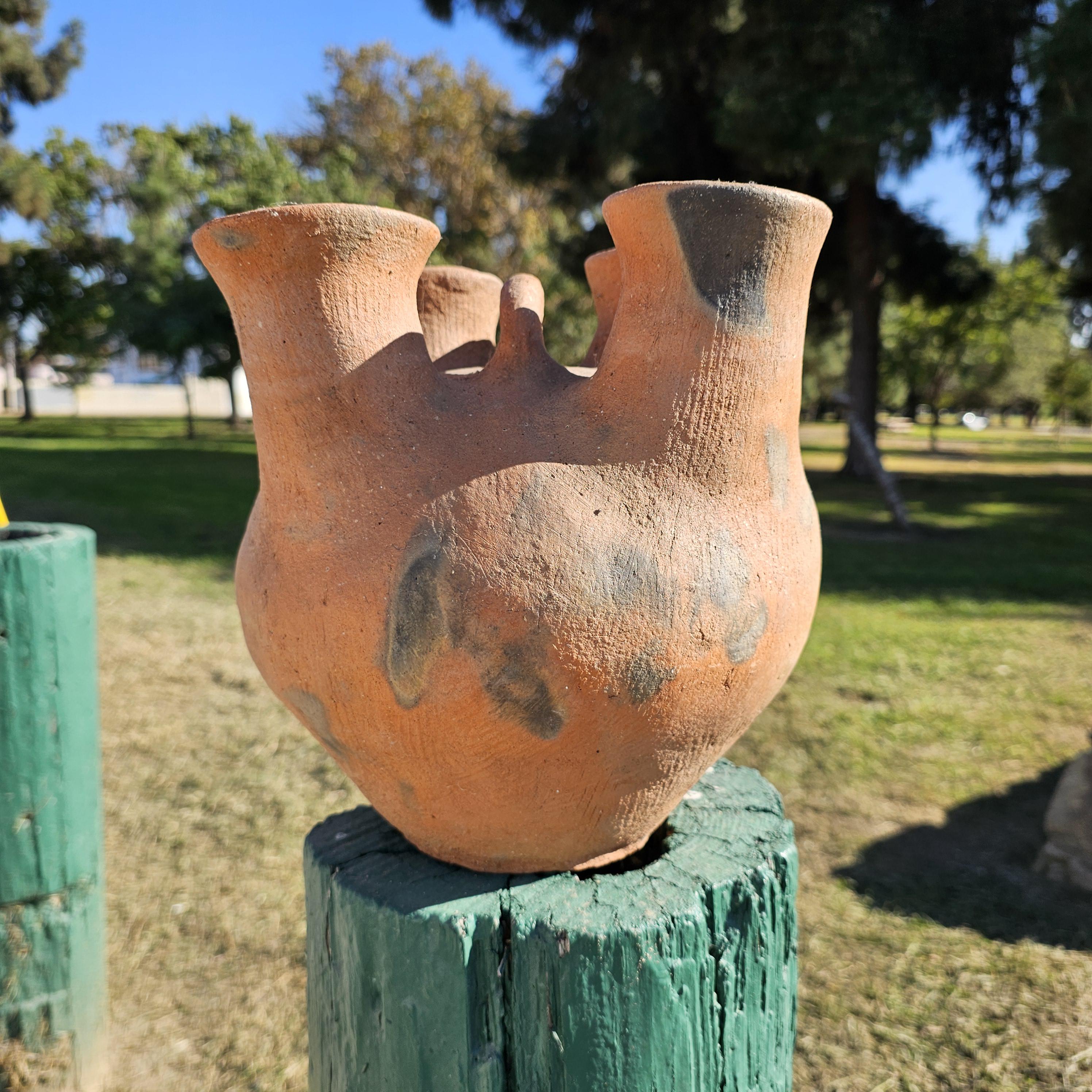 Rustic 4 Mouth Mexican Vessel Terracotta Natural Clay Native Mexican Folk Art