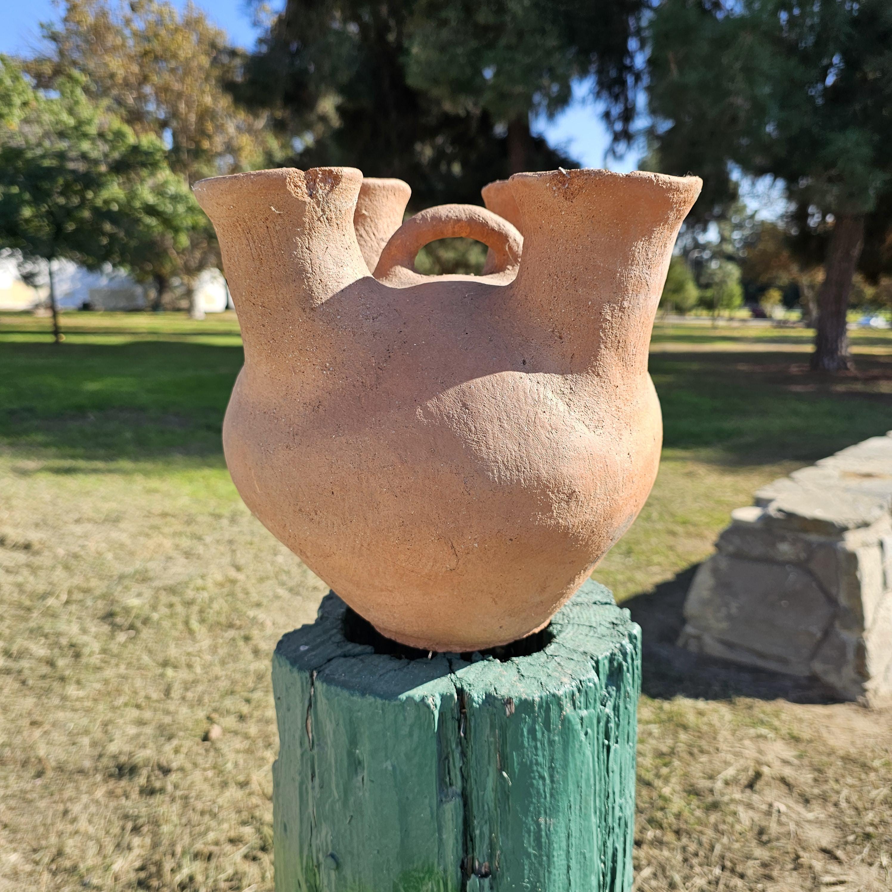 Rustic 4 Mouth Mexican Vessel Terracotta Natural Clay Native Mexican Folk Art
