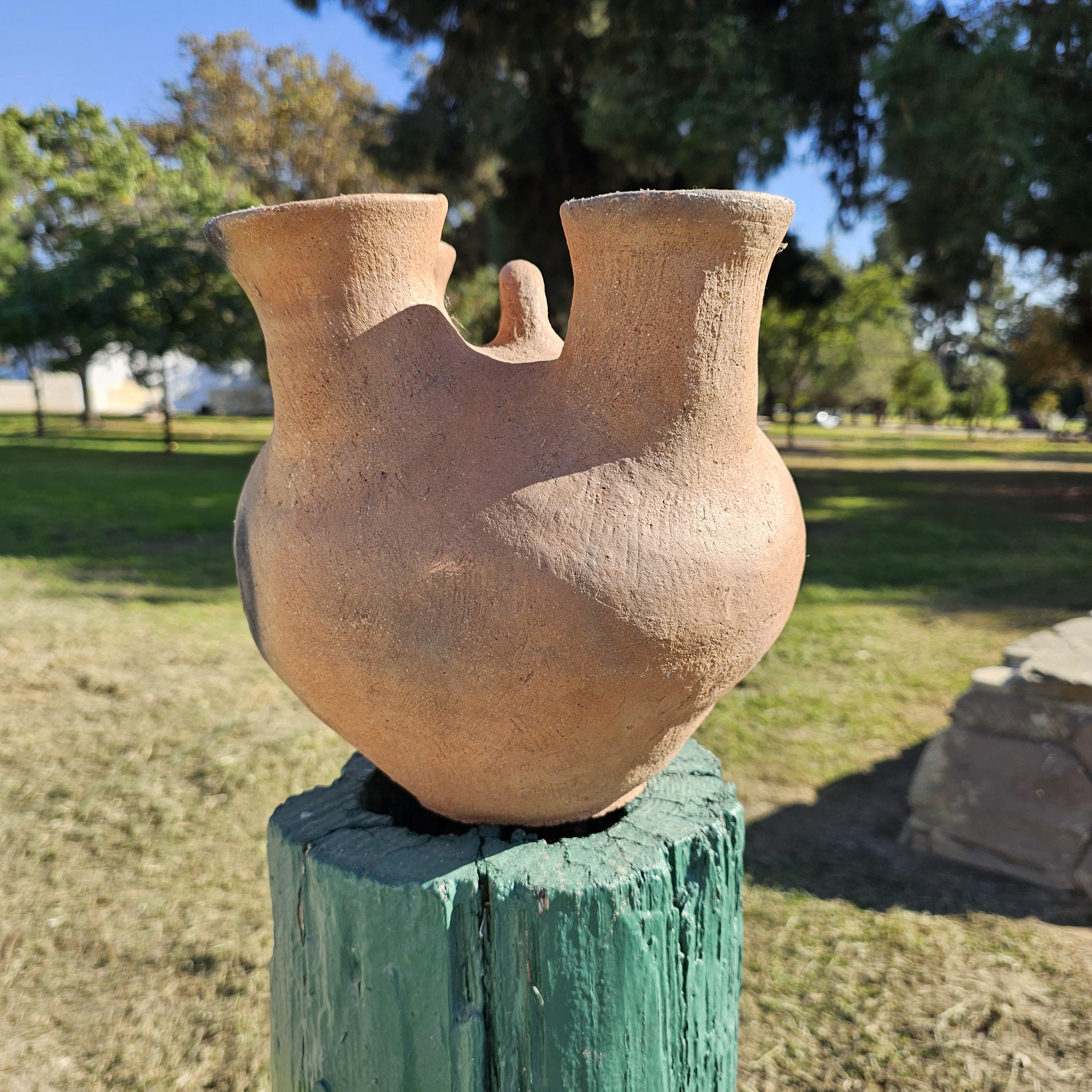 Rustic 4 Mouth Mexican Vessel Terracotta Natural Clay Native Mexican Folk Art