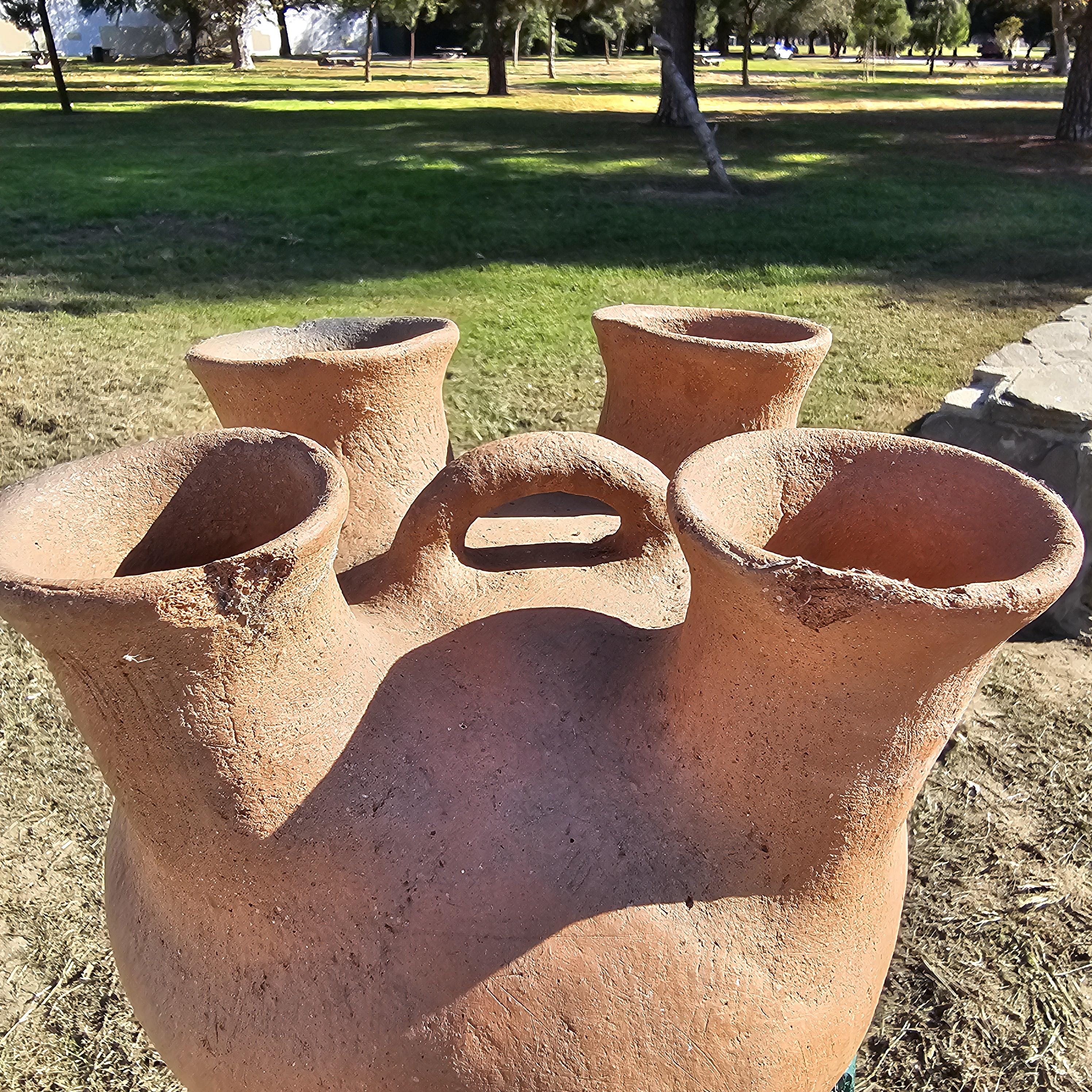 Rustic 4 Mouth Mexican Vessel Terracotta Natural Clay Native Mexican Folk Art