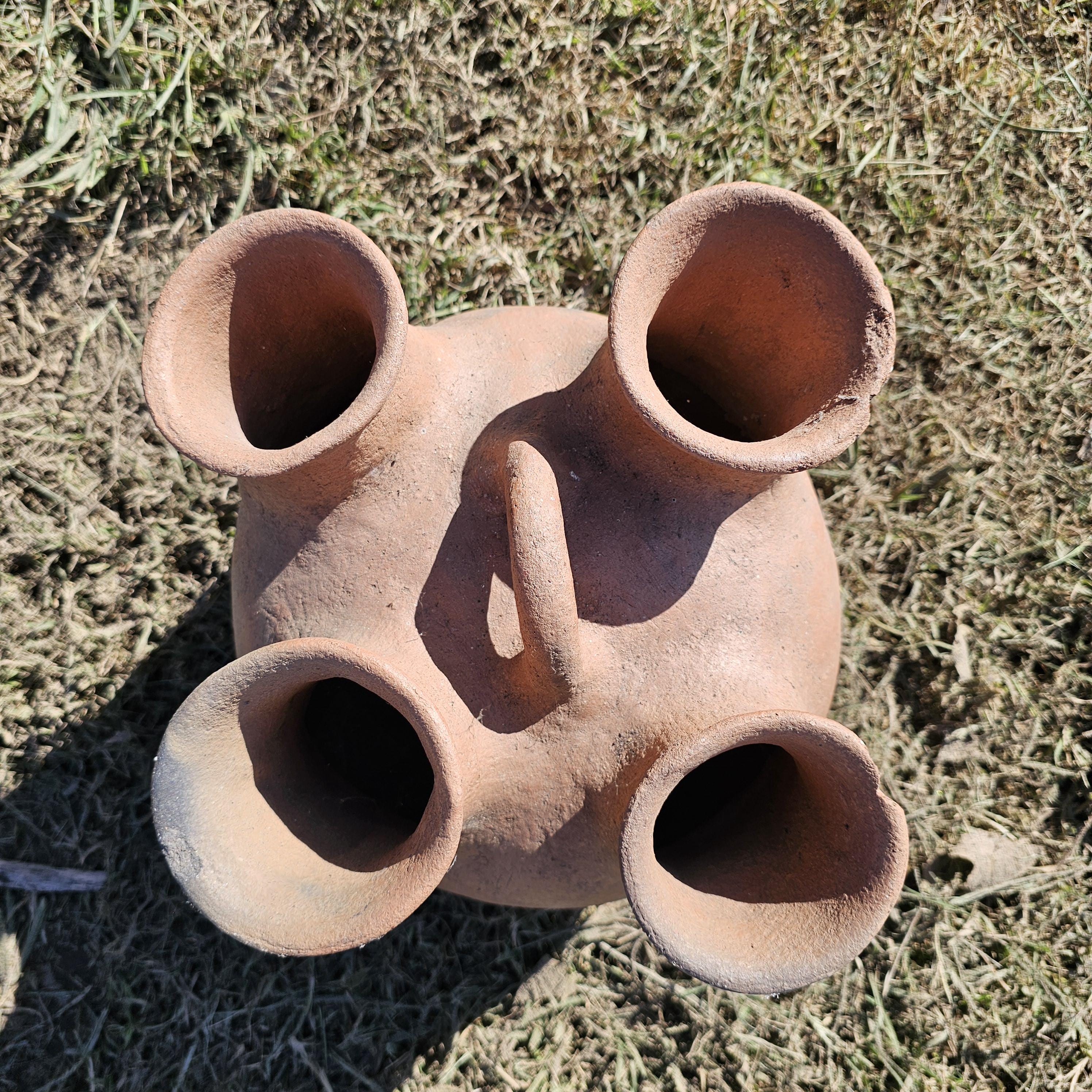 Rustic 4 Mouth Mexican Vessel Terracotta Natural Clay Native Mexican Folk Art