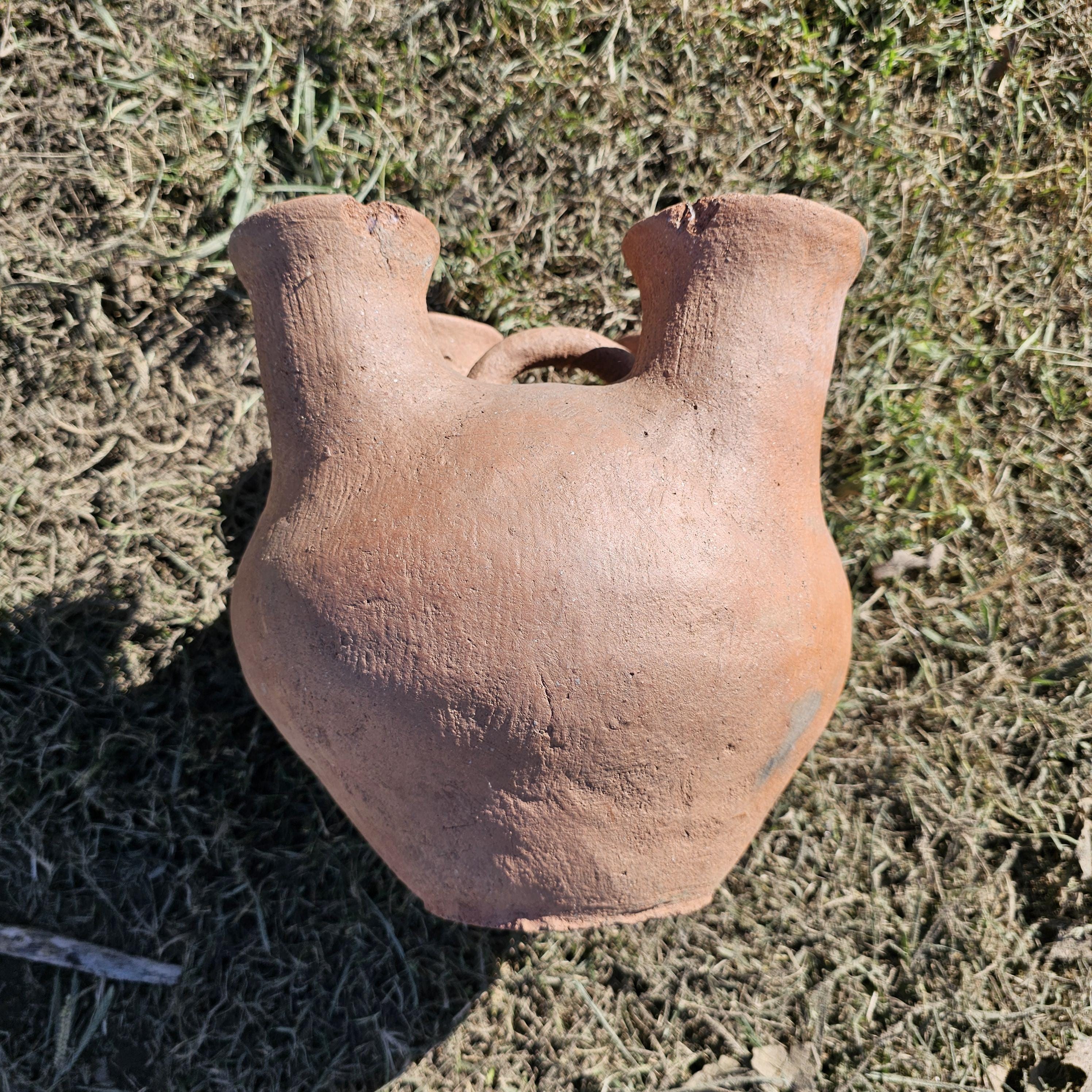 Rustic 4 Mouth Mexican Vessel Terracotta Natural Clay Native Mexican Folk Art