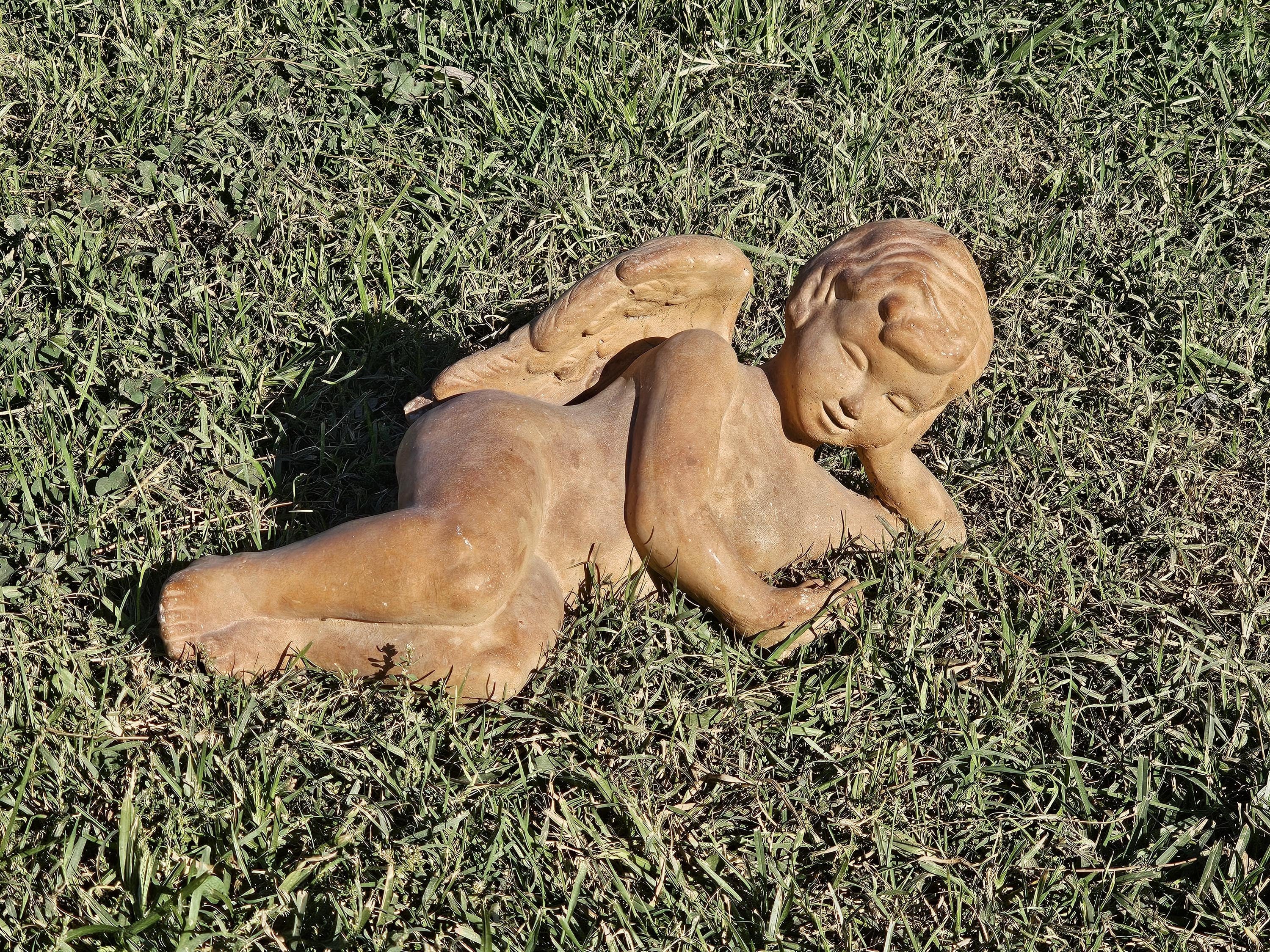 Cement Reclining Cherub Angel Garden Statue Weathered 17"L x 7.5"D x 7.5"H