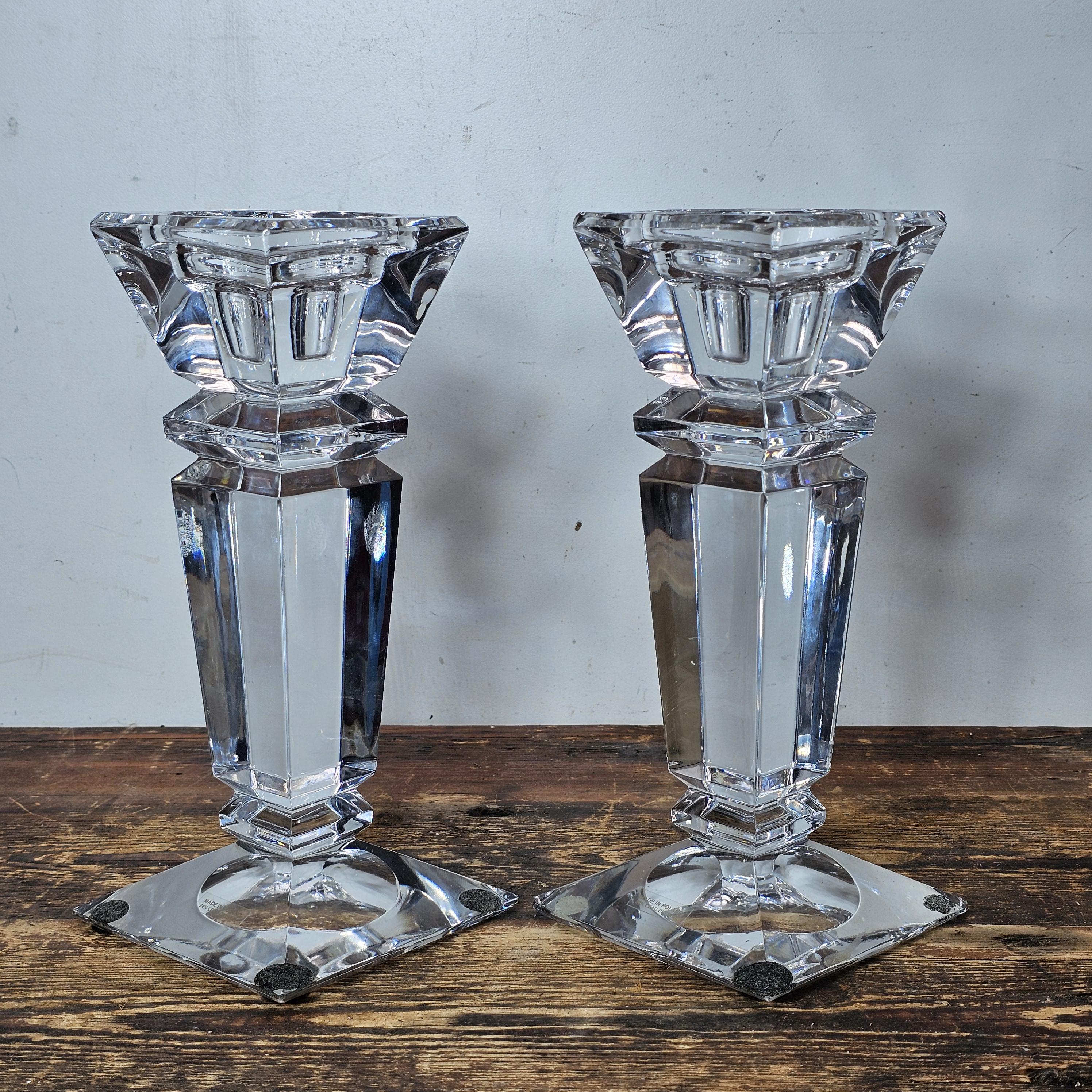 24% Lead Crystal Pedestal Base Taper Candle Stick Holder Made In Poland Set of 2
