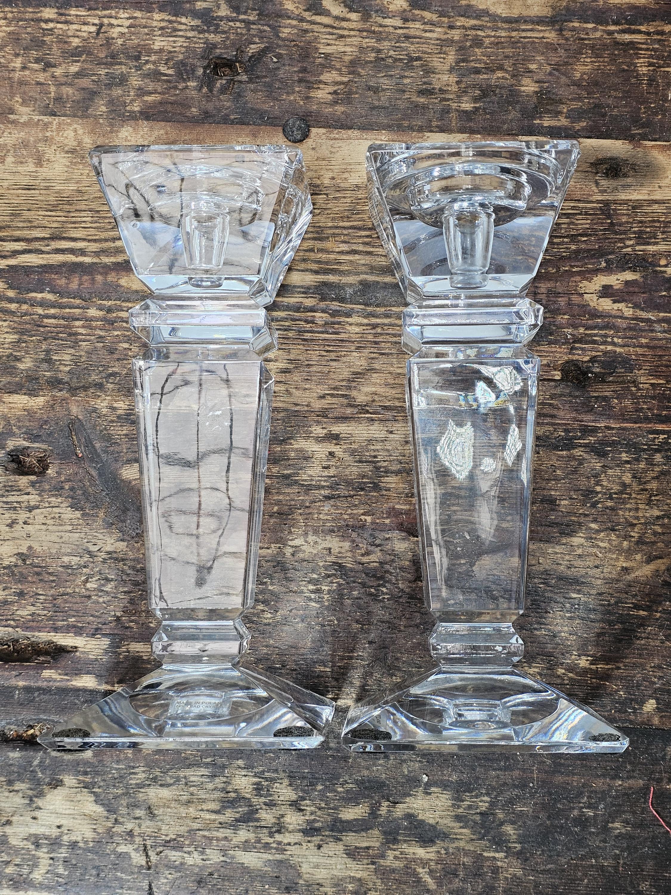 24% Lead Crystal Pedestal Base Taper Candle Stick Holder Made In Poland Set of 2