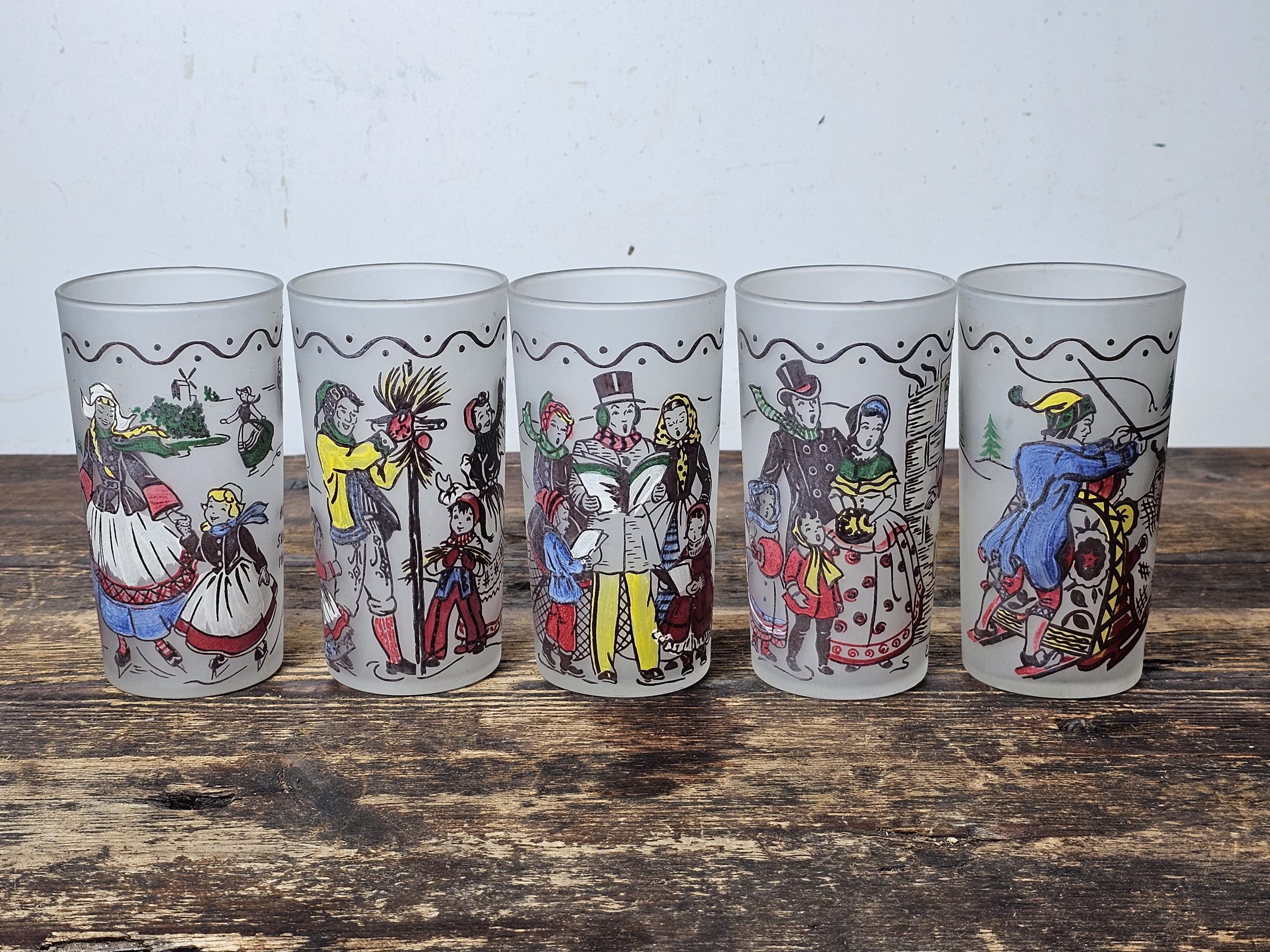 Set of 5 Vintage Frosted Barware Tumblers World Christmas Traditions